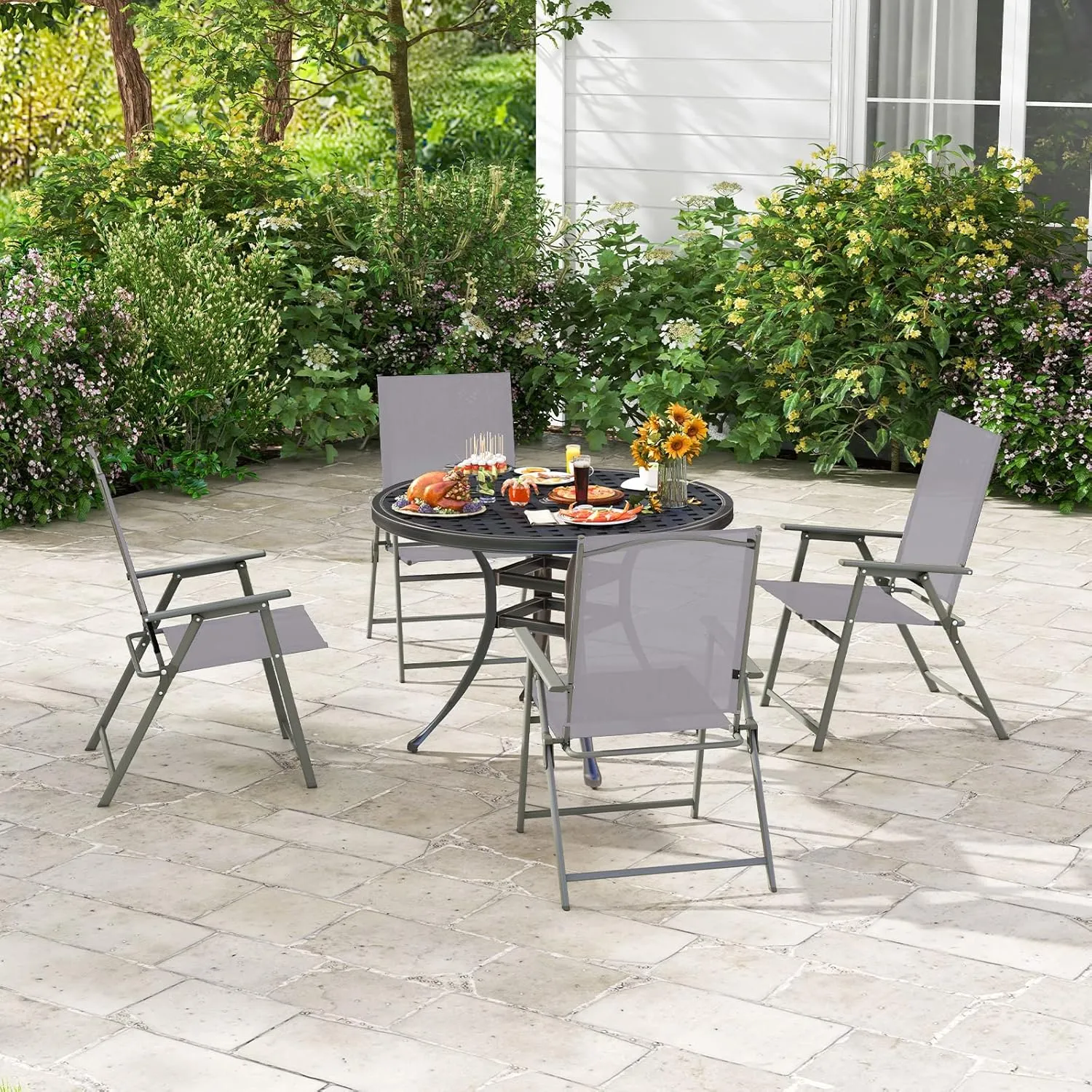 Giantex Patio Folding Chairs Set of 4, Outdoor Lawn Chairs with Rustproof Metal Frame, Portable Dining Chairs for Porch, Deck, Garden, Backyard, Camping, Gray