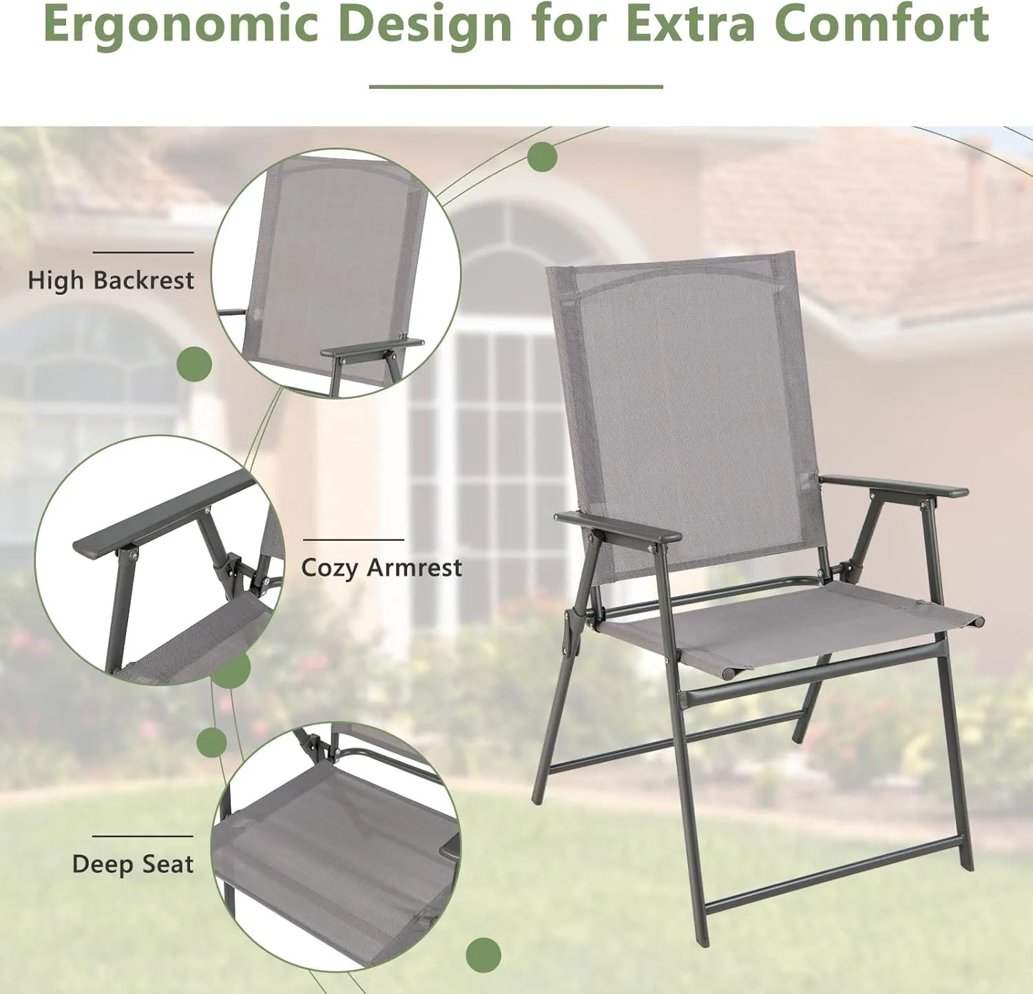 Giantex Patio Folding Chairs Set of 4, Outdoor Lawn Chairs with Rustproof Metal Frame, Portable Dining Chairs for Porch, Deck, Garden, Backyard, Camping, Gray