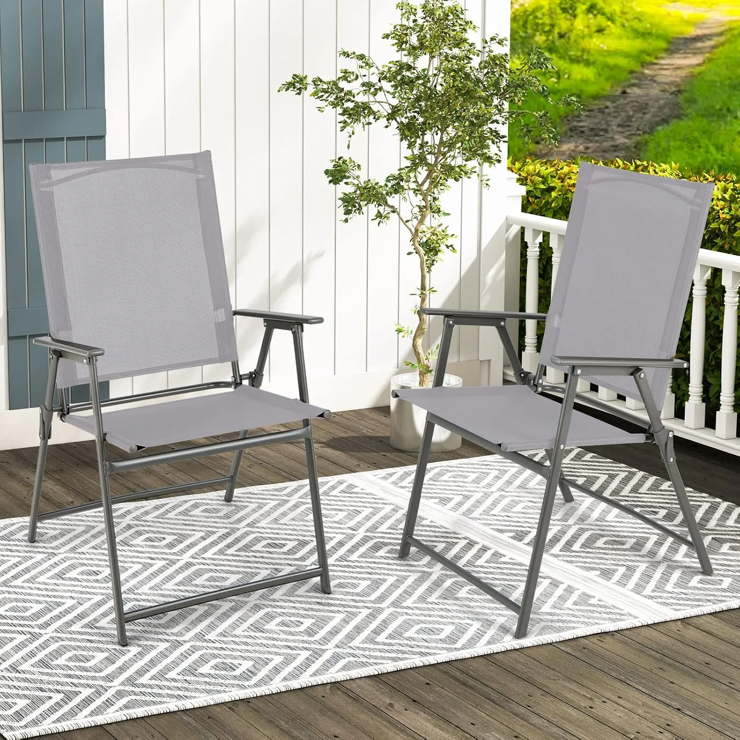 Giantex Patio Folding Chairs Set of 4, Outdoor Lawn Chairs with Rustproof Metal Frame, Portable Dining Chairs for Porch, Deck, Garden, Backyard, Camping, Gray