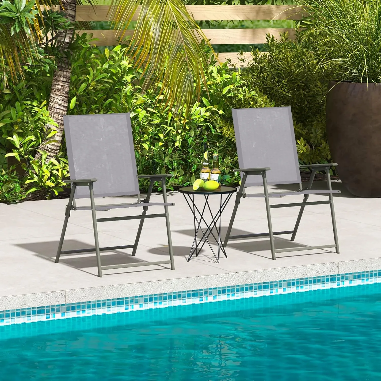 Giantex Patio Folding Chairs Set of 4, Outdoor Lawn Chairs with Rustproof Metal Frame, Portable Dining Chairs for Porch, Deck, Garden, Backyard, Camping, Gray