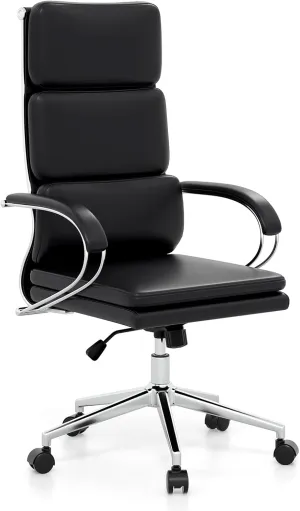 Giantex Ribbed Office Chair, High Back Ergonomic Desk Chair with Wheels & Rocking Function, Swivel Leather Desk Chair w/Arms & Removable Lumbar Support & Seat Cushions, Modern Executive Chair, Black