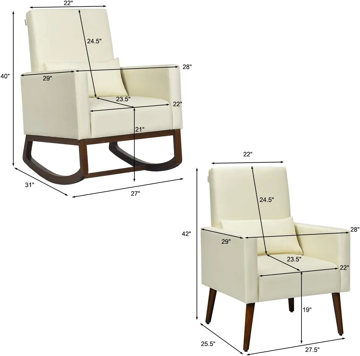 Giantex Upholstered Rocking Chair, Modern High Back Armchair, Comfortable Rocker with Fabric Padded Seat, Waist Pillow and Wood Base Accent Chair for Nursery, Living Room, Bedroom, Office, Beige