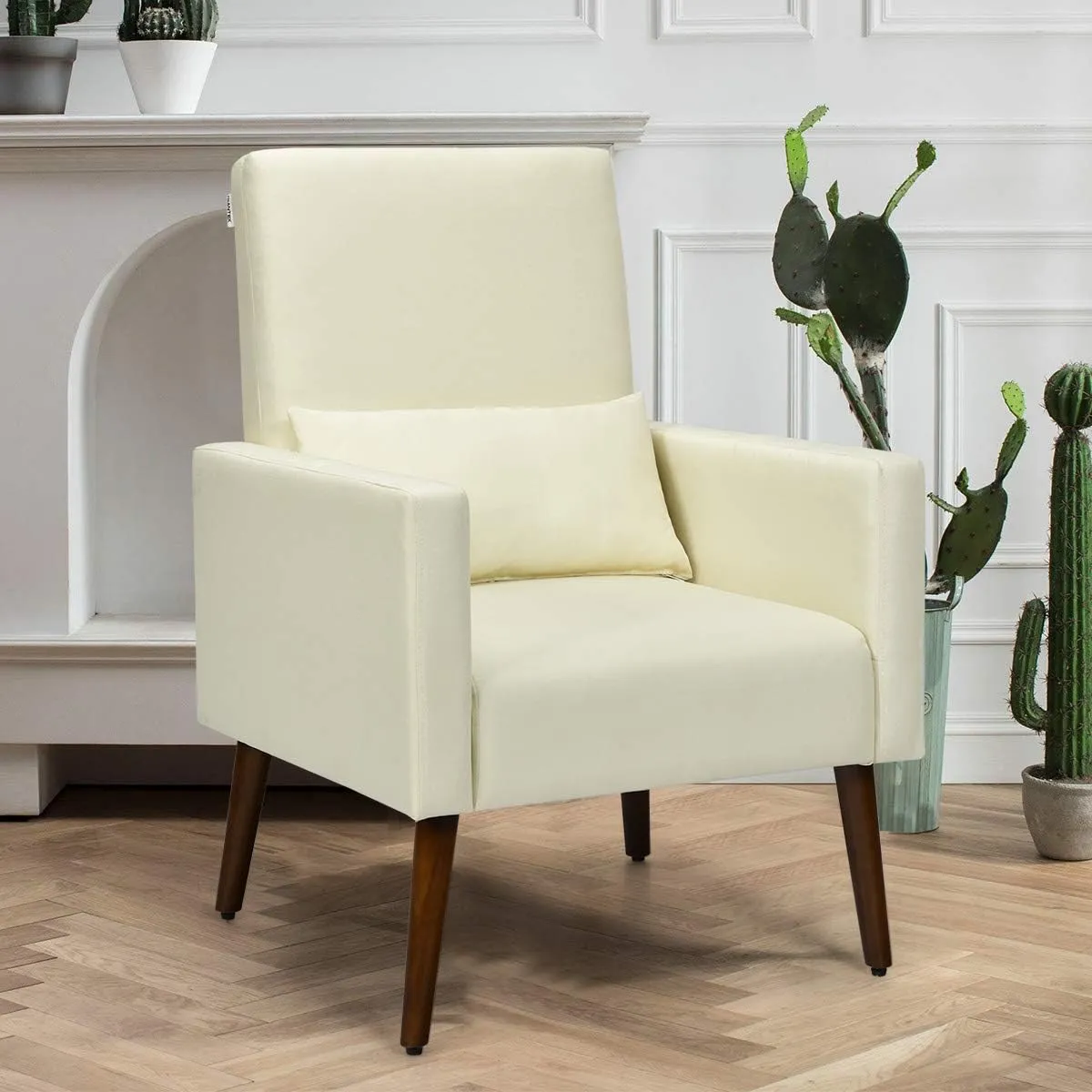 Giantex Upholstered Rocking Chair, Modern High Back Armchair, Comfortable Rocker with Fabric Padded Seat, Waist Pillow and Wood Base Accent Chair for Nursery, Living Room, Bedroom, Office, Beige