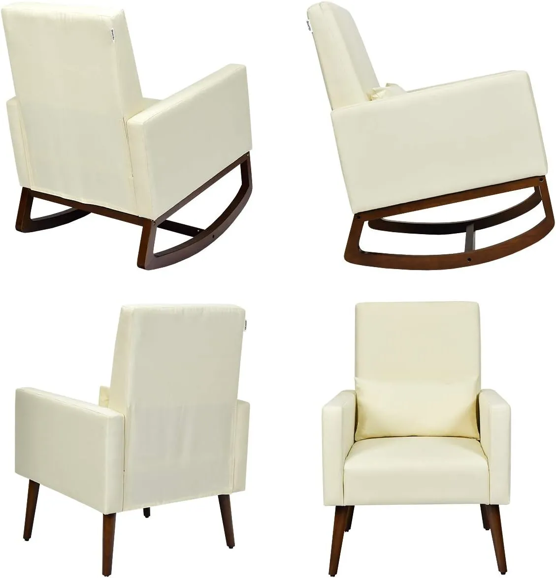 Giantex Upholstered Rocking Chair, Modern High Back Armchair, Comfortable Rocker with Fabric Padded Seat, Waist Pillow and Wood Base Accent Chair for Nursery, Living Room, Bedroom, Office, Beige