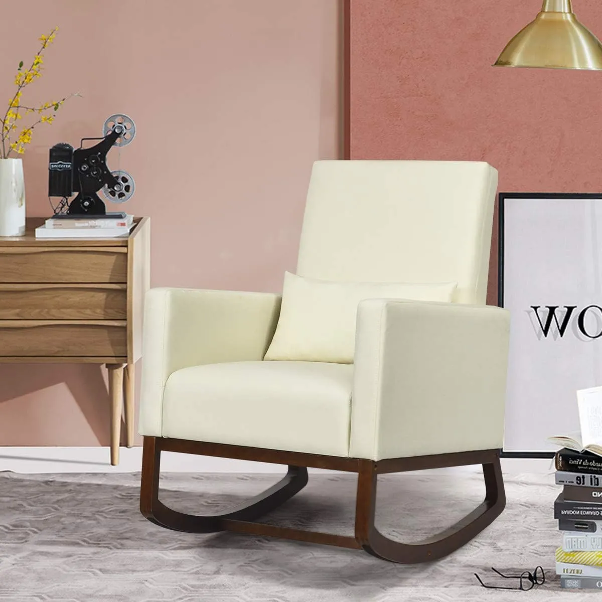 Giantex Upholstered Rocking Chair, Modern High Back Armchair, Comfortable Rocker with Fabric Padded Seat, Waist Pillow and Wood Base Accent Chair for Nursery, Living Room, Bedroom, Office, Beige