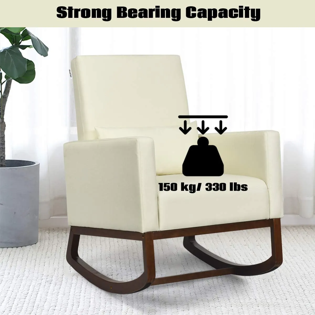 Giantex Upholstered Rocking Chair, Modern High Back Armchair, Comfortable Rocker with Fabric Padded Seat, Waist Pillow and Wood Base Accent Chair for Nursery, Living Room, Bedroom, Office, Beige