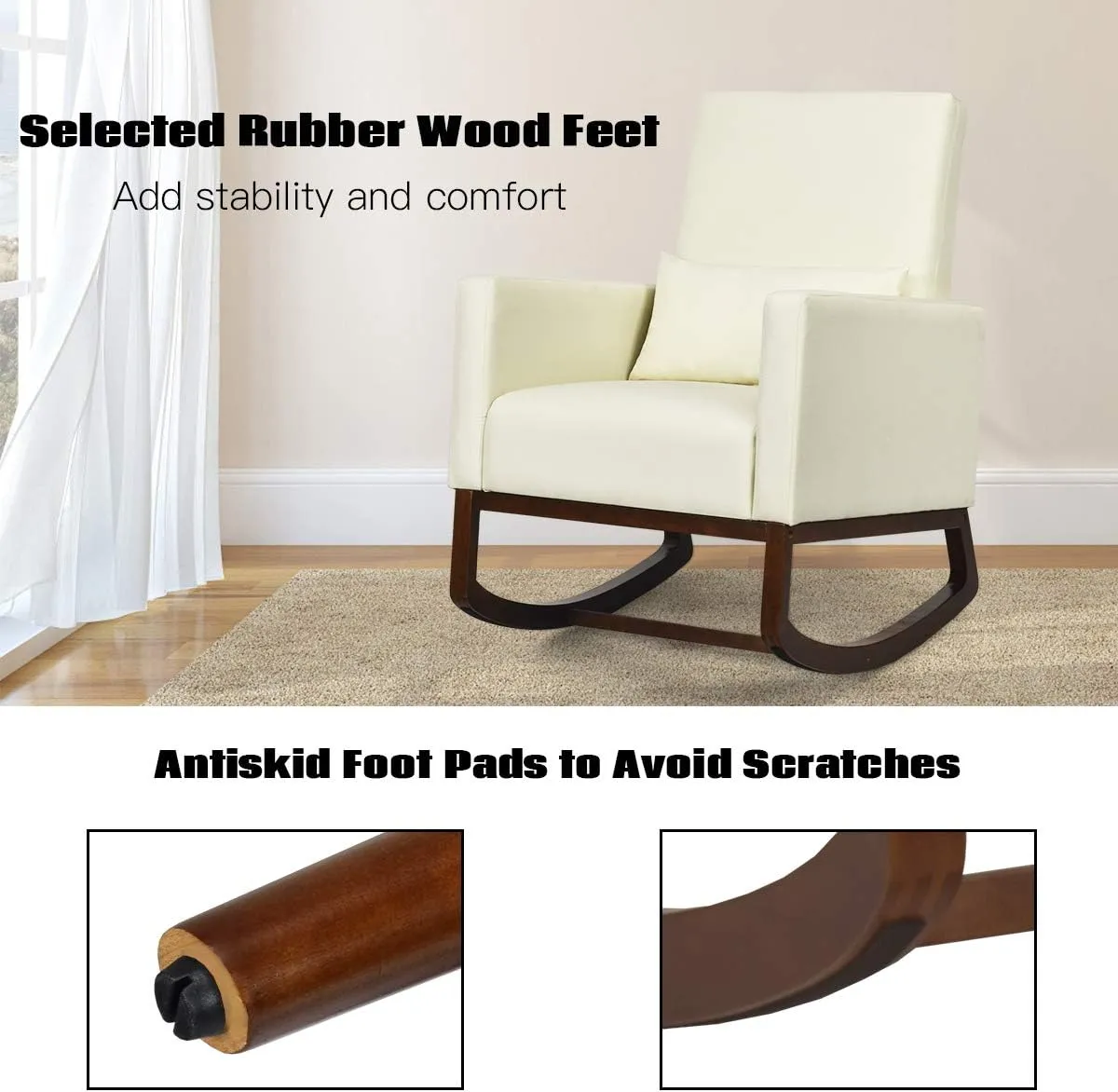 Giantex Upholstered Rocking Chair, Modern High Back Armchair, Comfortable Rocker with Fabric Padded Seat, Waist Pillow and Wood Base Accent Chair for Nursery, Living Room, Bedroom, Office, Beige