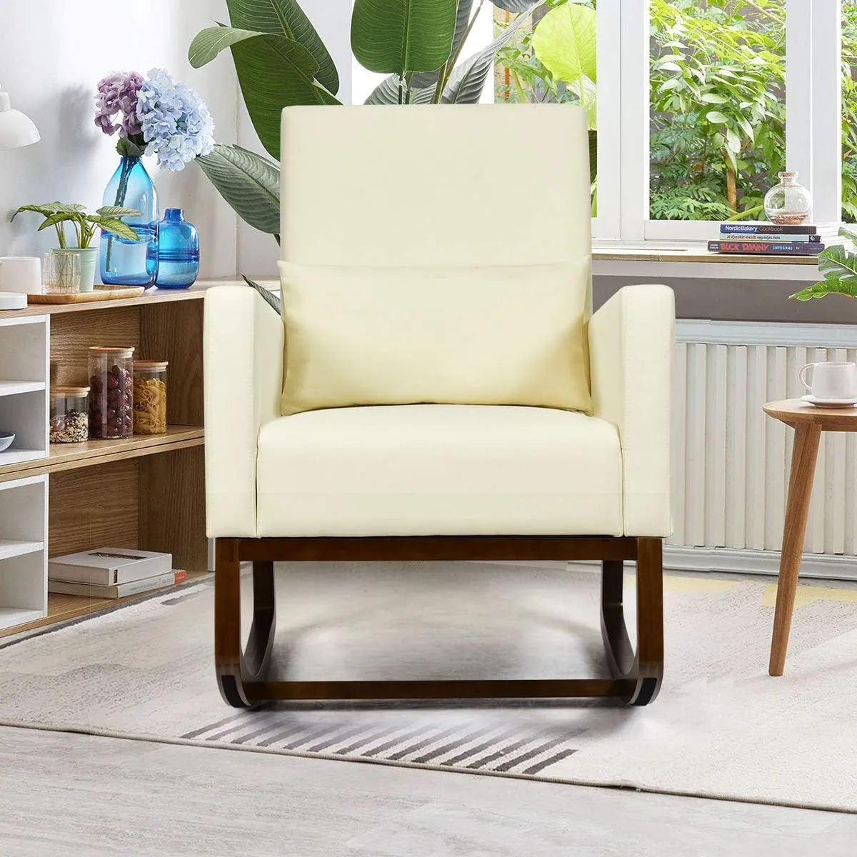 Giantex Upholstered Rocking Chair, Modern High Back Armchair, Comfortable Rocker with Fabric Padded Seat, Waist Pillow and Wood Base Accent Chair for Nursery, Living Room, Bedroom, Office, Beige