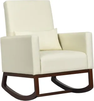Giantex Upholstered Rocking Chair, Modern High Back Armchair, Comfortable Rocker with Fabric Padded Seat, Waist Pillow and Wood Base Accent Chair for Nursery, Living Room, Bedroom, Office, Beige