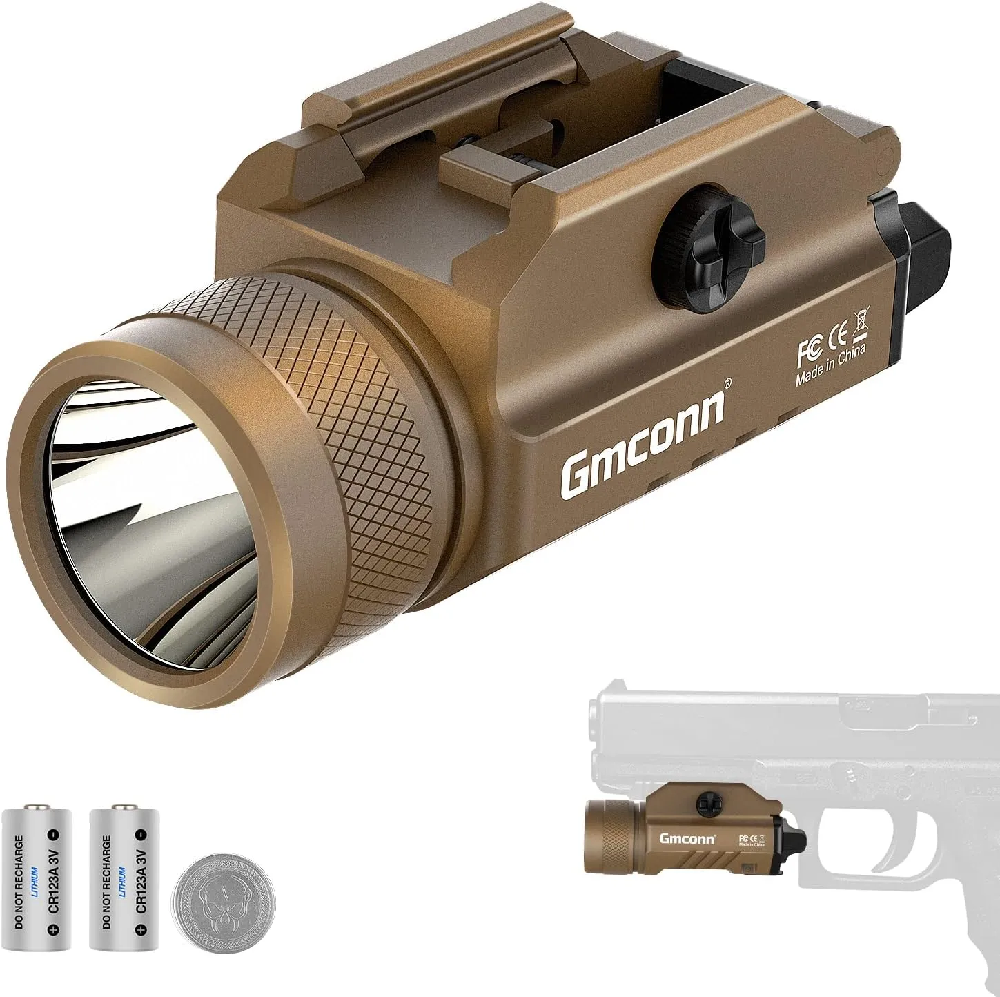 Gmconn 1200 Lumens Rail Mounted Compact Pistol Light LED Strobe Tactical Gun Flashlight Weaponlight for Picatinny MIL-STD-1913 and Glock Pistol Weapon Light with 2 x CR123A Lithium Batteries