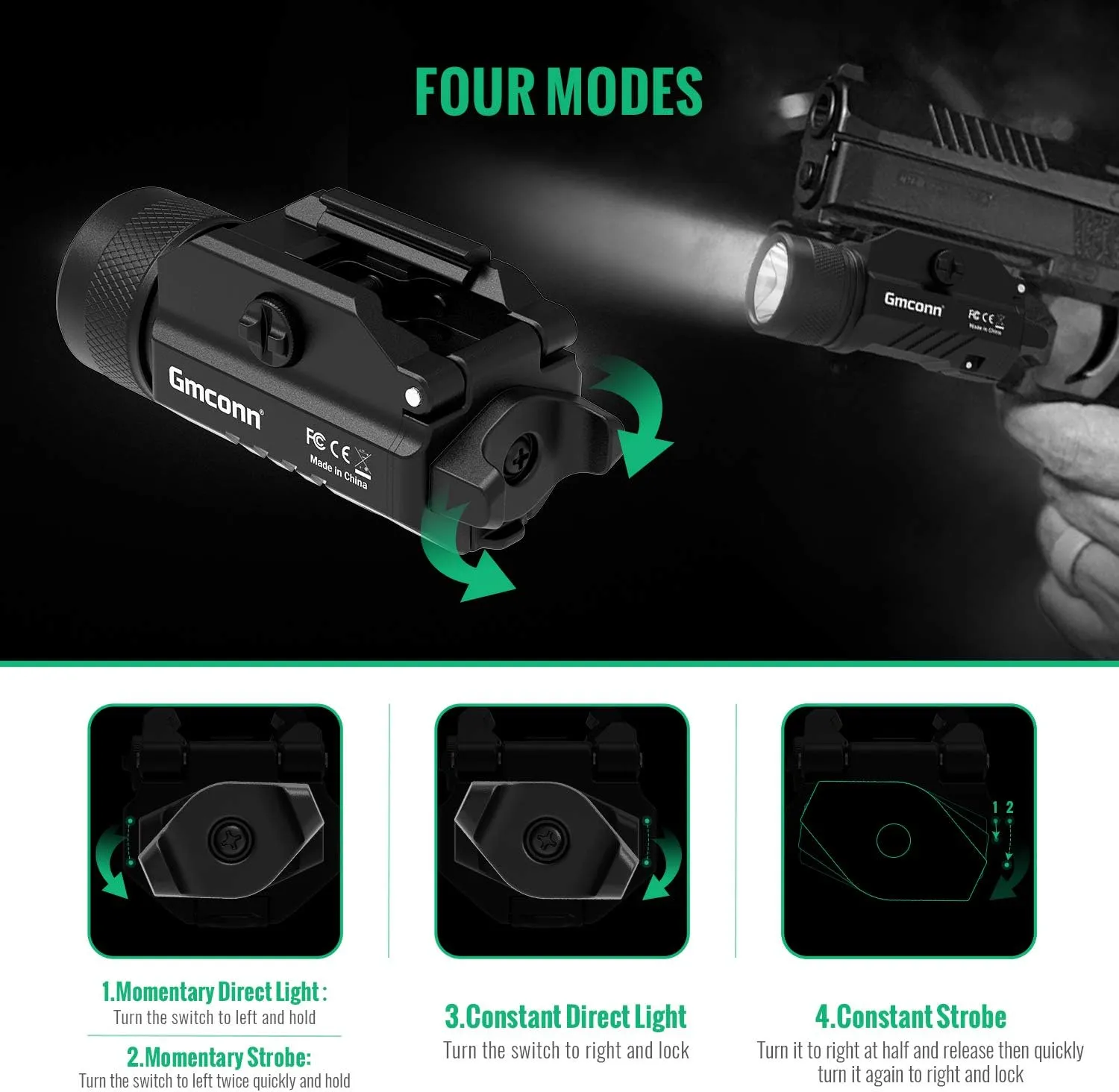 Gmconn 1200 Lumens Rail Mounted Compact Pistol Light LED Strobe Tactical Gun Flashlight with 2 x CR123A Lithium Batteries