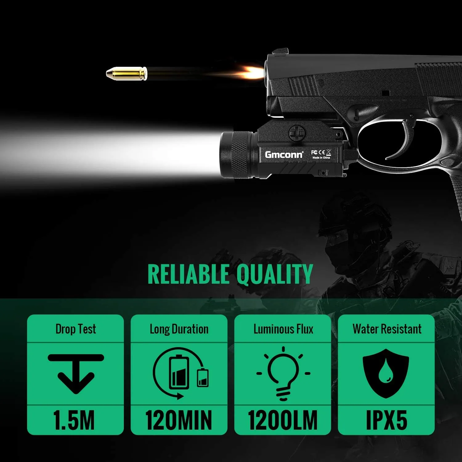 Gmconn 1200 Lumens Rail Mounted Compact Pistol Light LED Strobe Tactical Gun Flashlight with 2 x CR123A Lithium Batteries