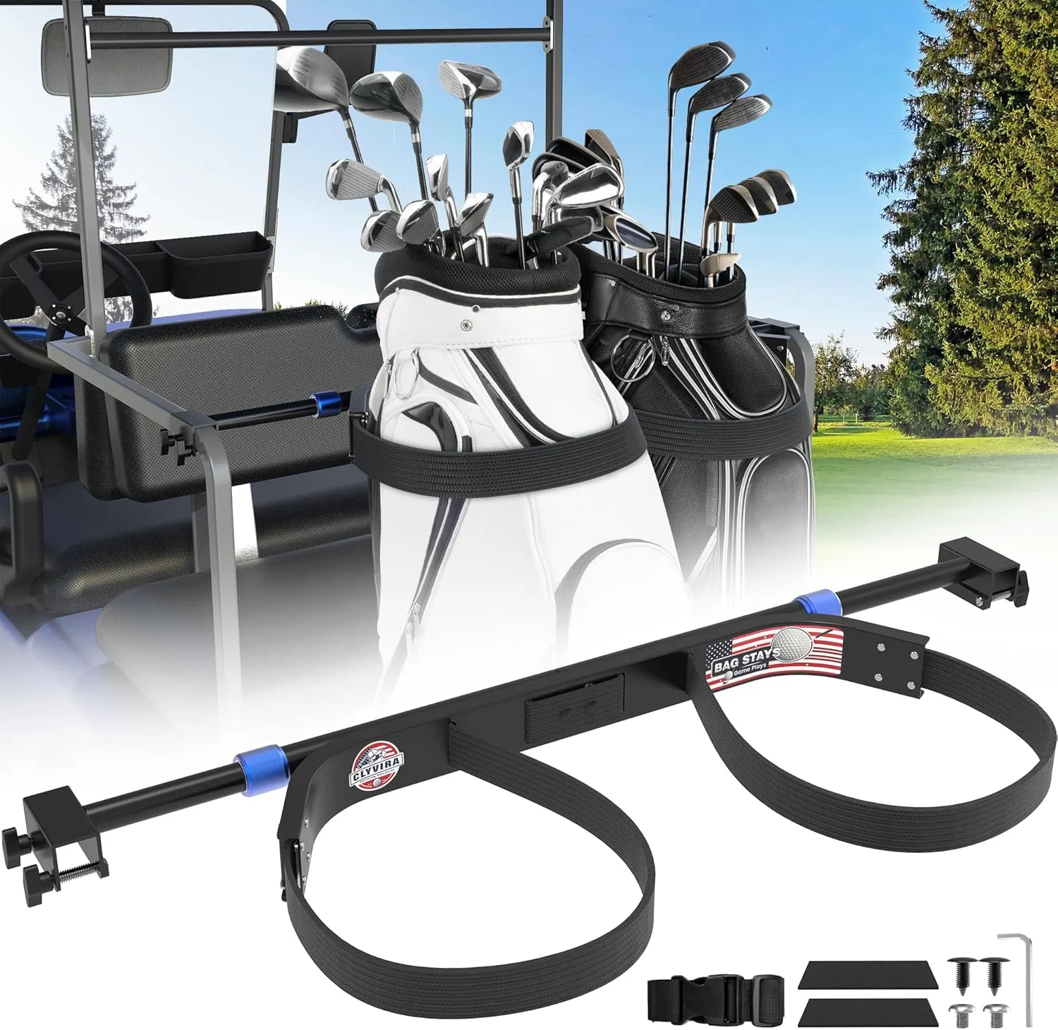 Golf Cart Bag Holder Bracket – Lightweight & Sturdy, No Drilling Required, Adjustable Attachment for EZGO, Club Car, Yamaha 2 2 Rear Seats with 1-Inch Square Tube