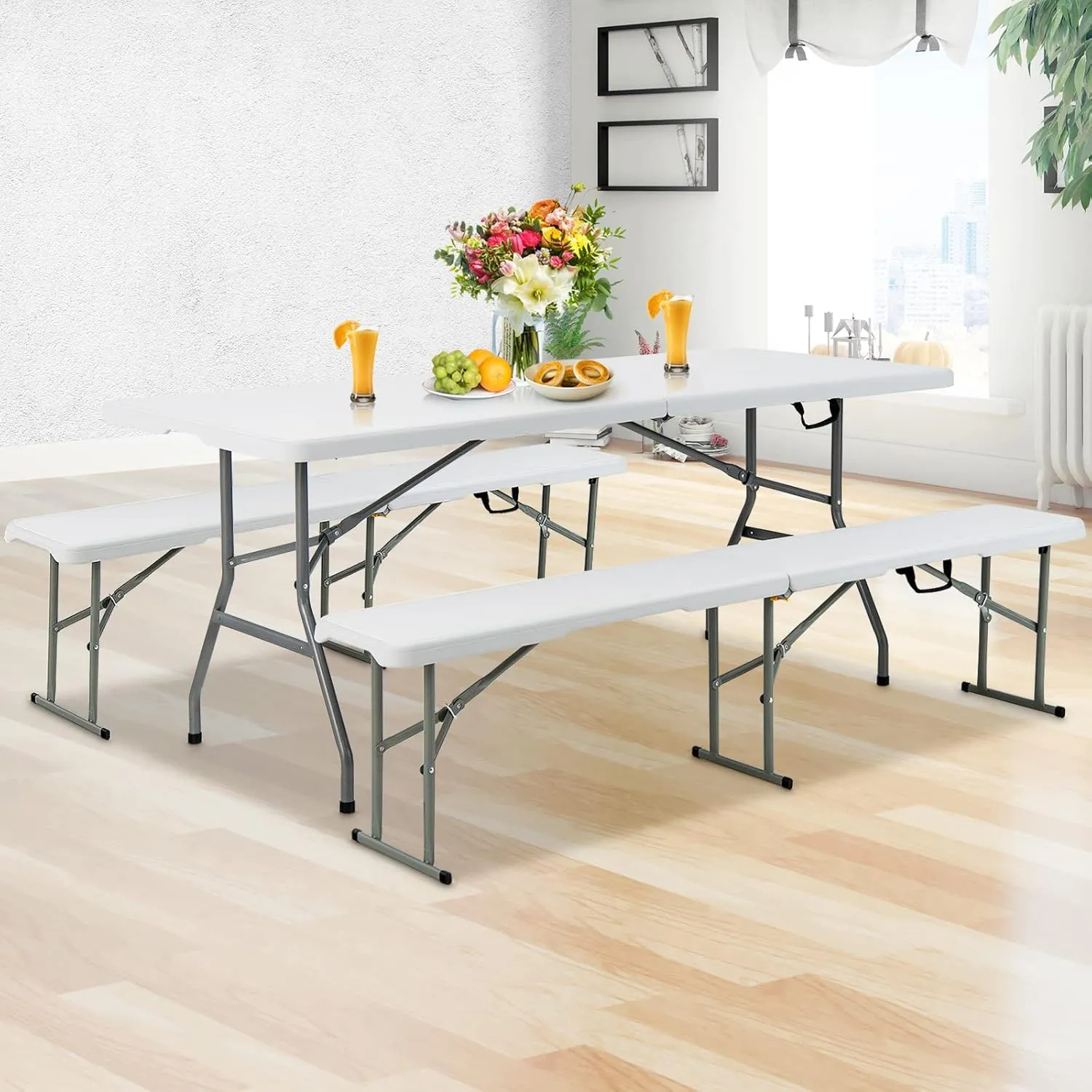 Goplus 6 Feet Plastic Folding Bench, Portable Foldable Bench Seat with 550 lbs Capacity for Indoor Outdoor Picnic Party Camping Dining, Off-White, No Assembly Required