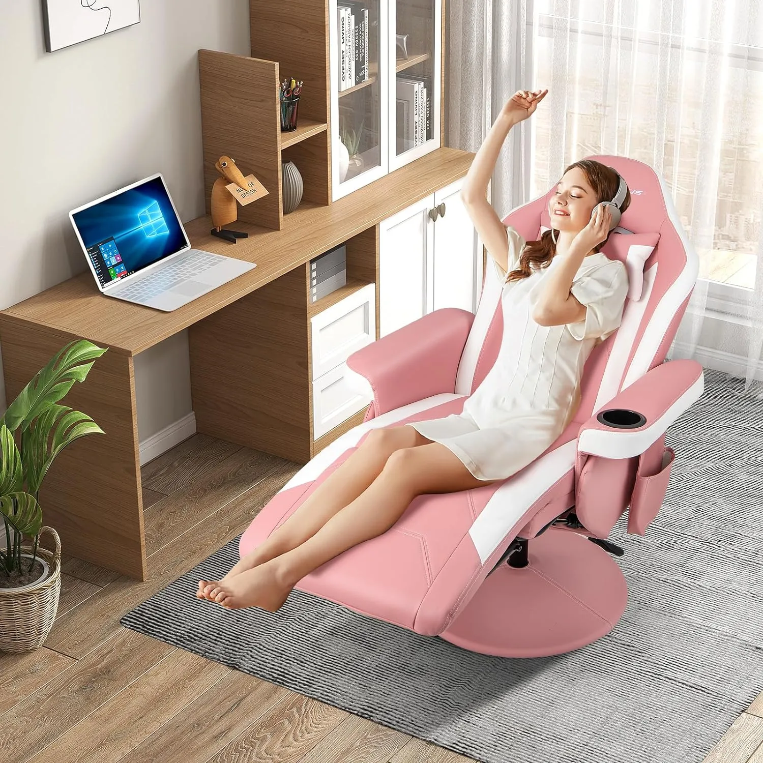 Goplus Gaming Chair, Height Adjustable Massage Video Game Chair with Retractable Footrest, Cup Holder, Headrest, Swivel Office Chair, Racing Style Swivel Gamer Chair