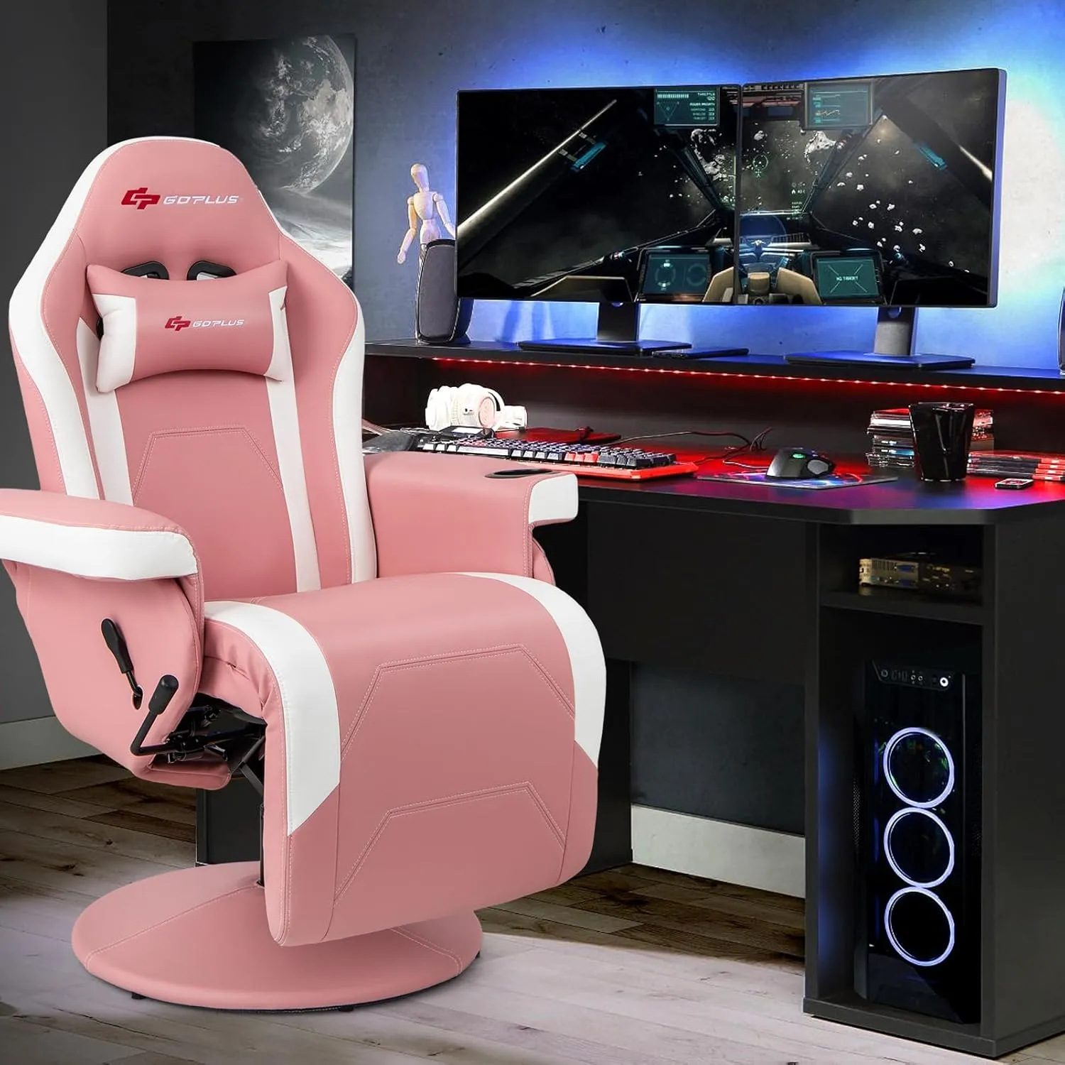 Goplus Gaming Chair, Height Adjustable Massage Video Game Chair with Retractable Footrest, Cup Holder, Headrest, Swivel Office Chair, Racing Style Swivel Gamer Chair