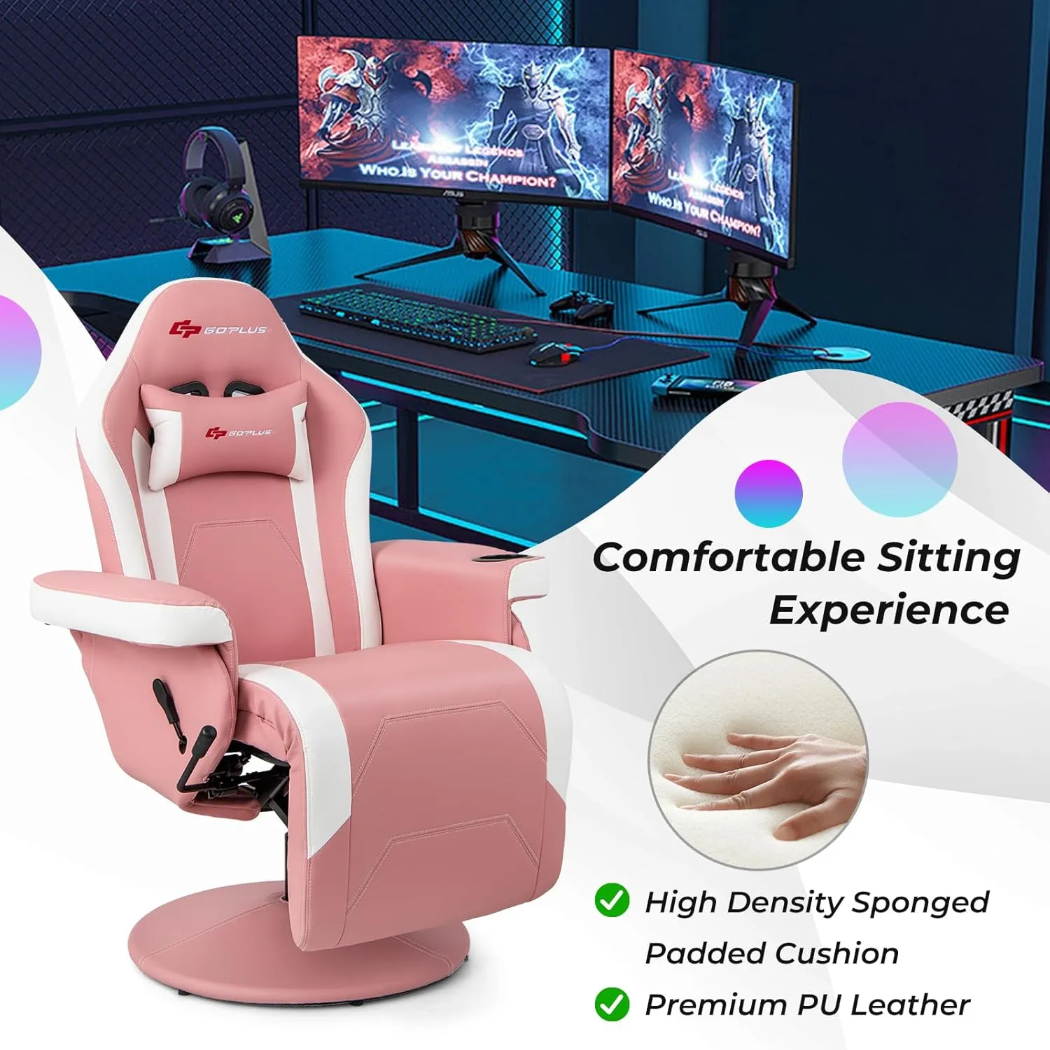 Goplus Gaming Chair, Height Adjustable Massage Video Game Chair with Retractable Footrest, Cup Holder, Headrest, Swivel Office Chair, Racing Style Swivel Gamer Chair