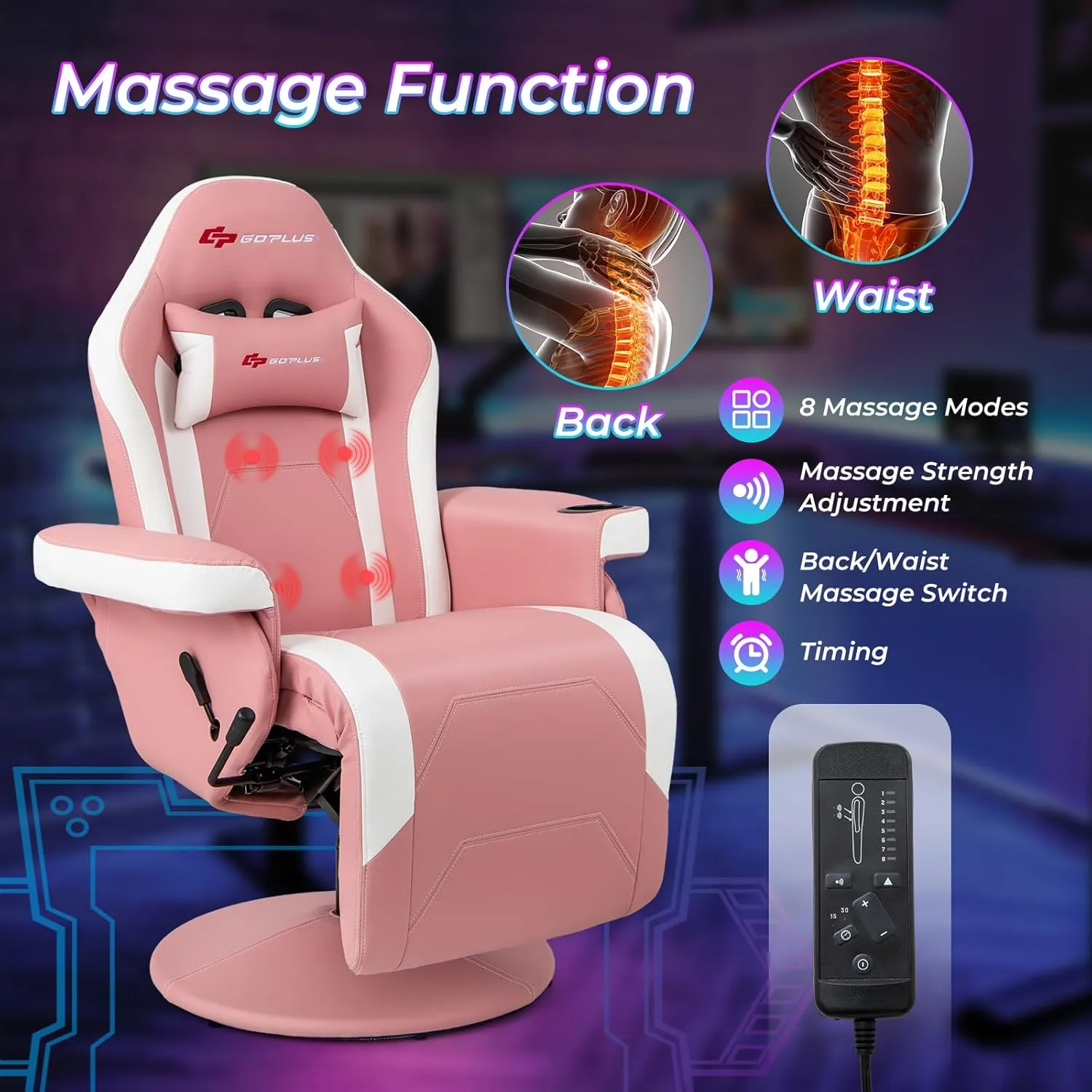 Goplus Gaming Chair, Height Adjustable Massage Video Game Chair with Retractable Footrest, Cup Holder, Headrest, Swivel Office Chair, Racing Style Swivel Gamer Chair