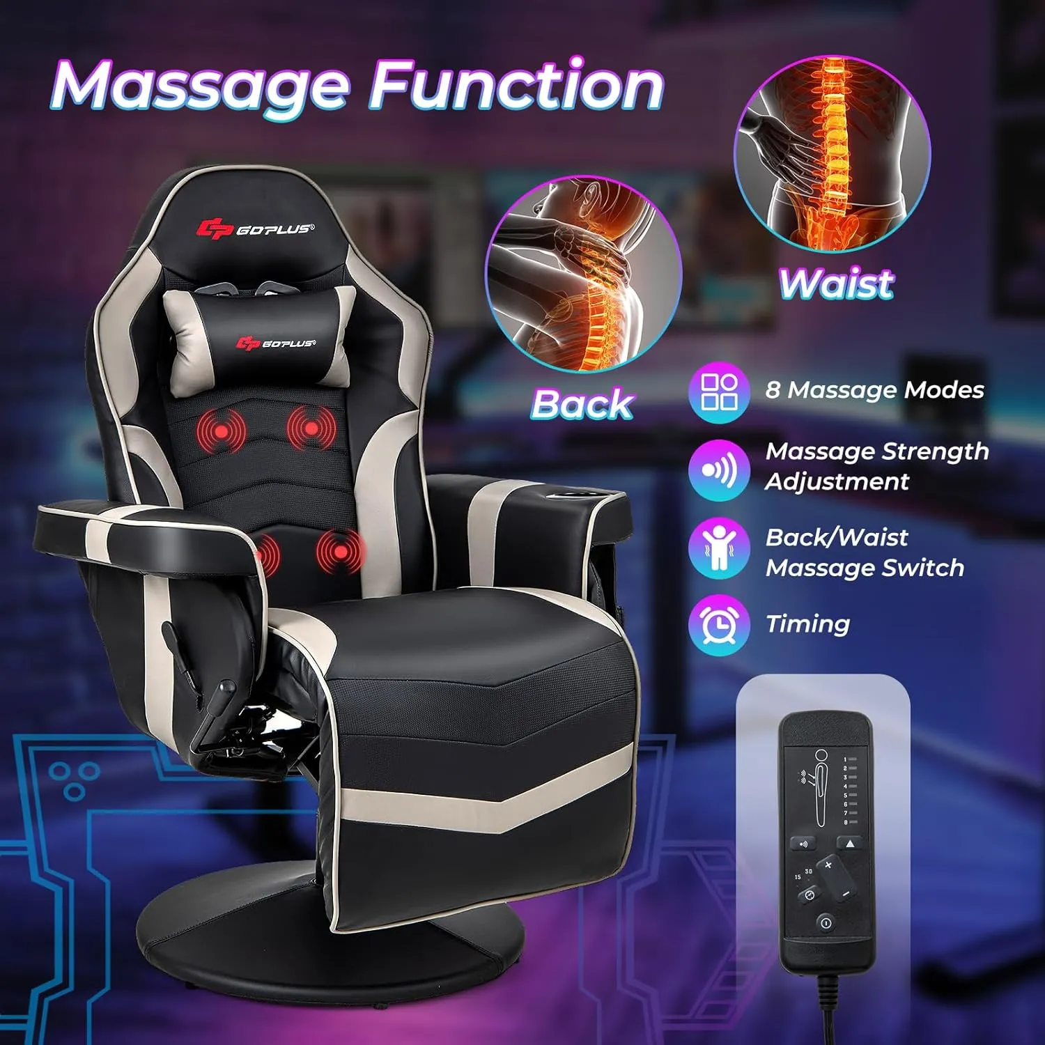 Goplus Gaming Chair, Height Adjustable Massage Video Game Chair with Retractable Footrest, Cup Holder, Headrest, Swivel Office Chair, Racing Style Swivel Gamer Chair