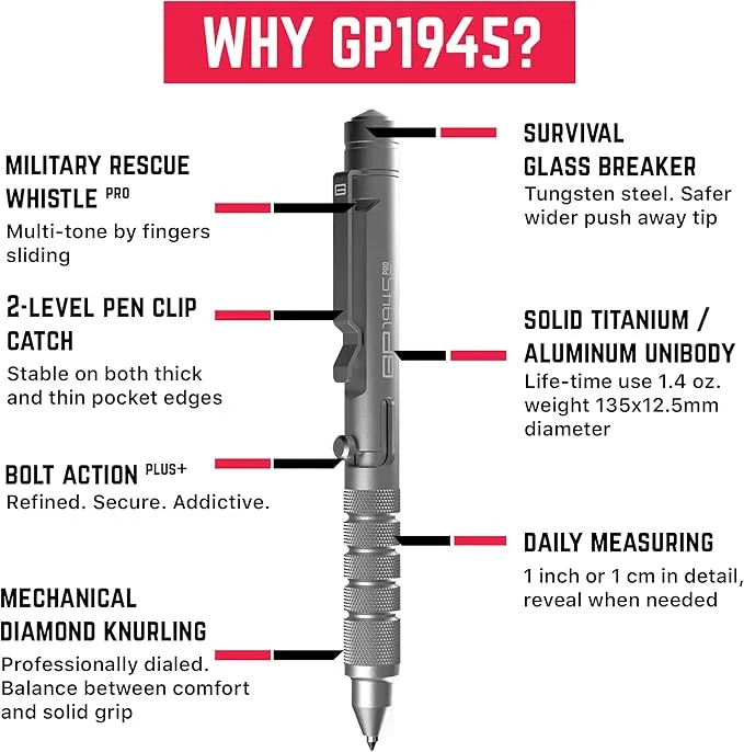GPCA - GP 1945 Bolt Action Pen PRO, Smart Alternative to a Pen Light, EDC Pen Multitool with Rescue Whistle, Measurement on grip, Survival Gear for Camping, Aluminum, Space Silver