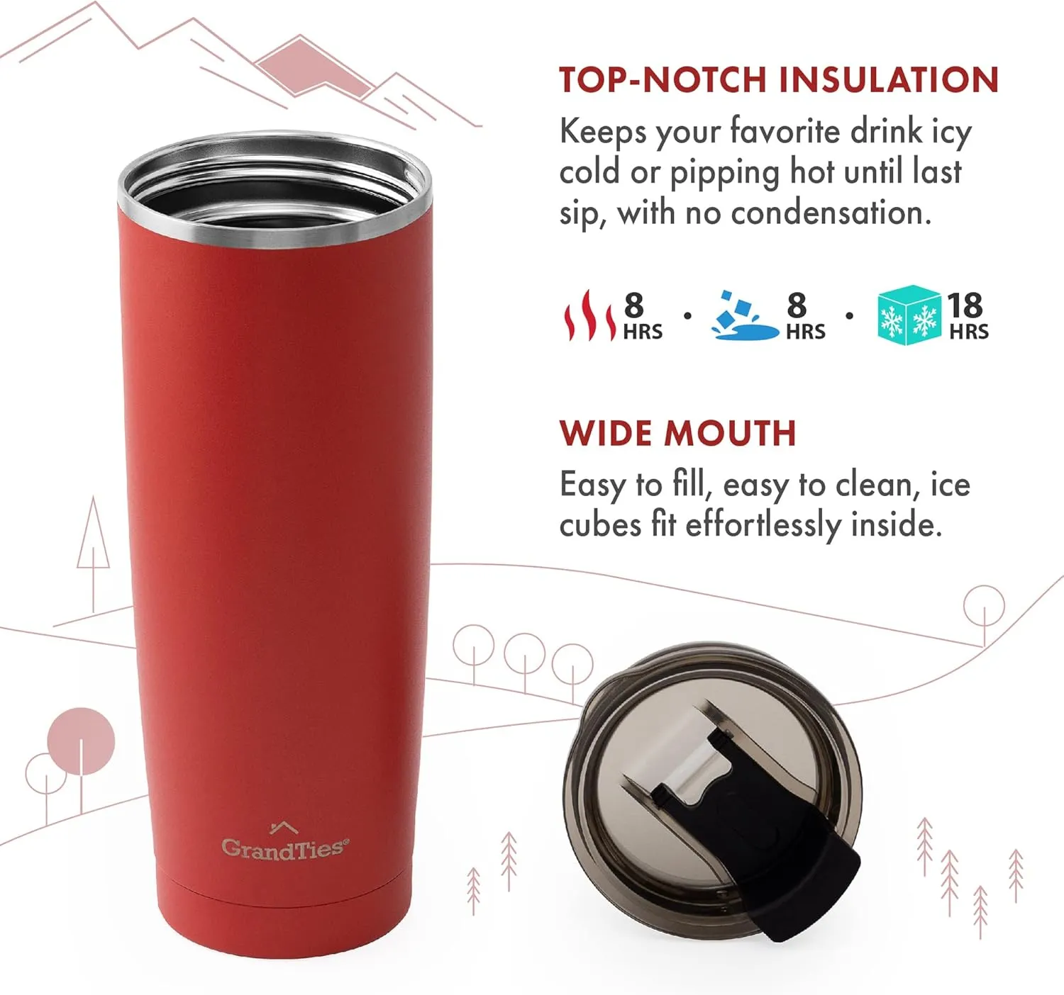 GRANDTIES Insulated Coffee Tumbler Cup w/Tritan Lid | Leak Proof, Reusable, Double Walled Vacuum Stainless Steel Water Bottle Travel Mug | Thermal Cups for Hot and Cold Drinks | 20oz | Cranberry