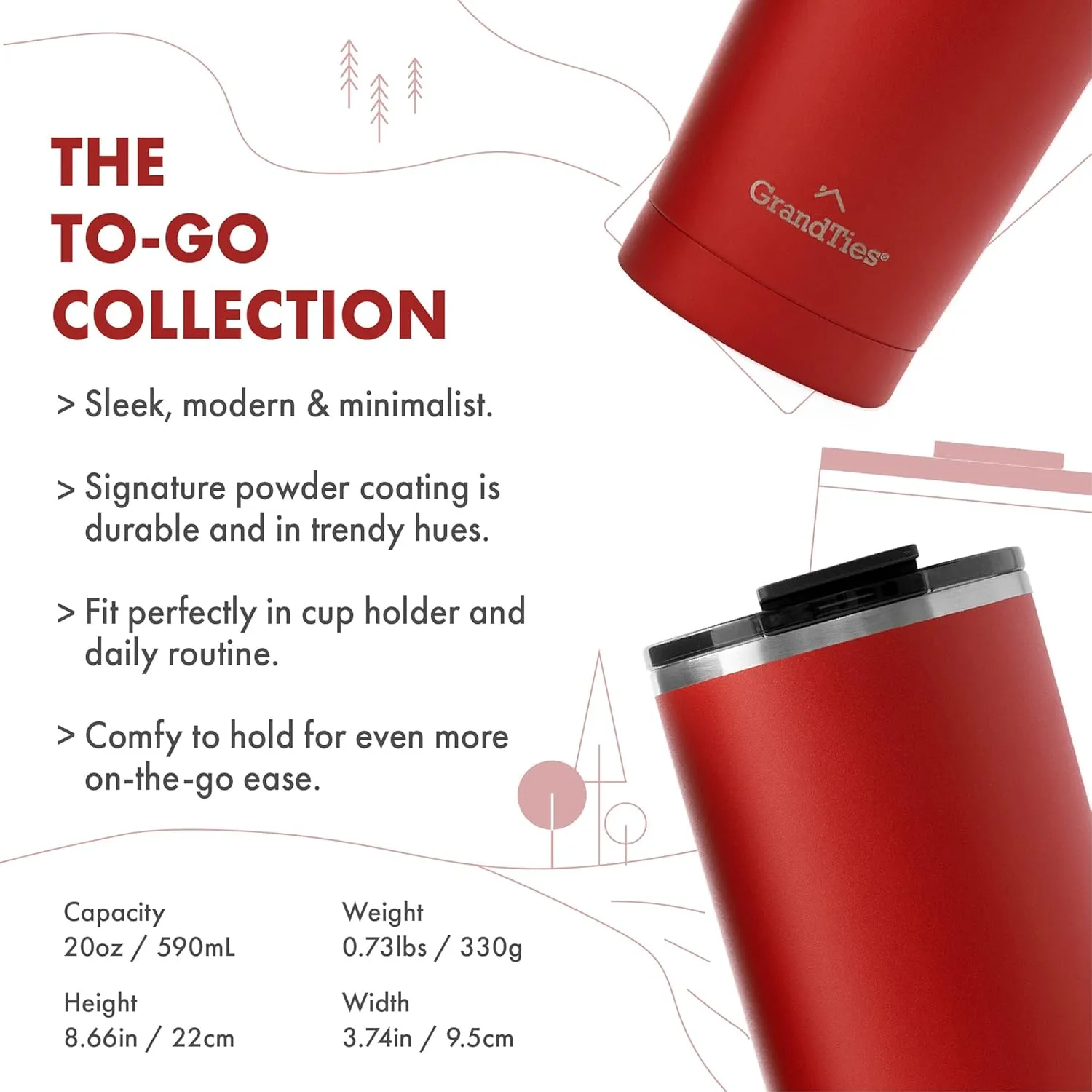 GRANDTIES Insulated Coffee Tumbler Cup w/Tritan Lid | Leak Proof, Reusable, Double Walled Vacuum Stainless Steel Water Bottle Travel Mug | Thermal Cups for Hot and Cold Drinks | 20oz | Cranberry