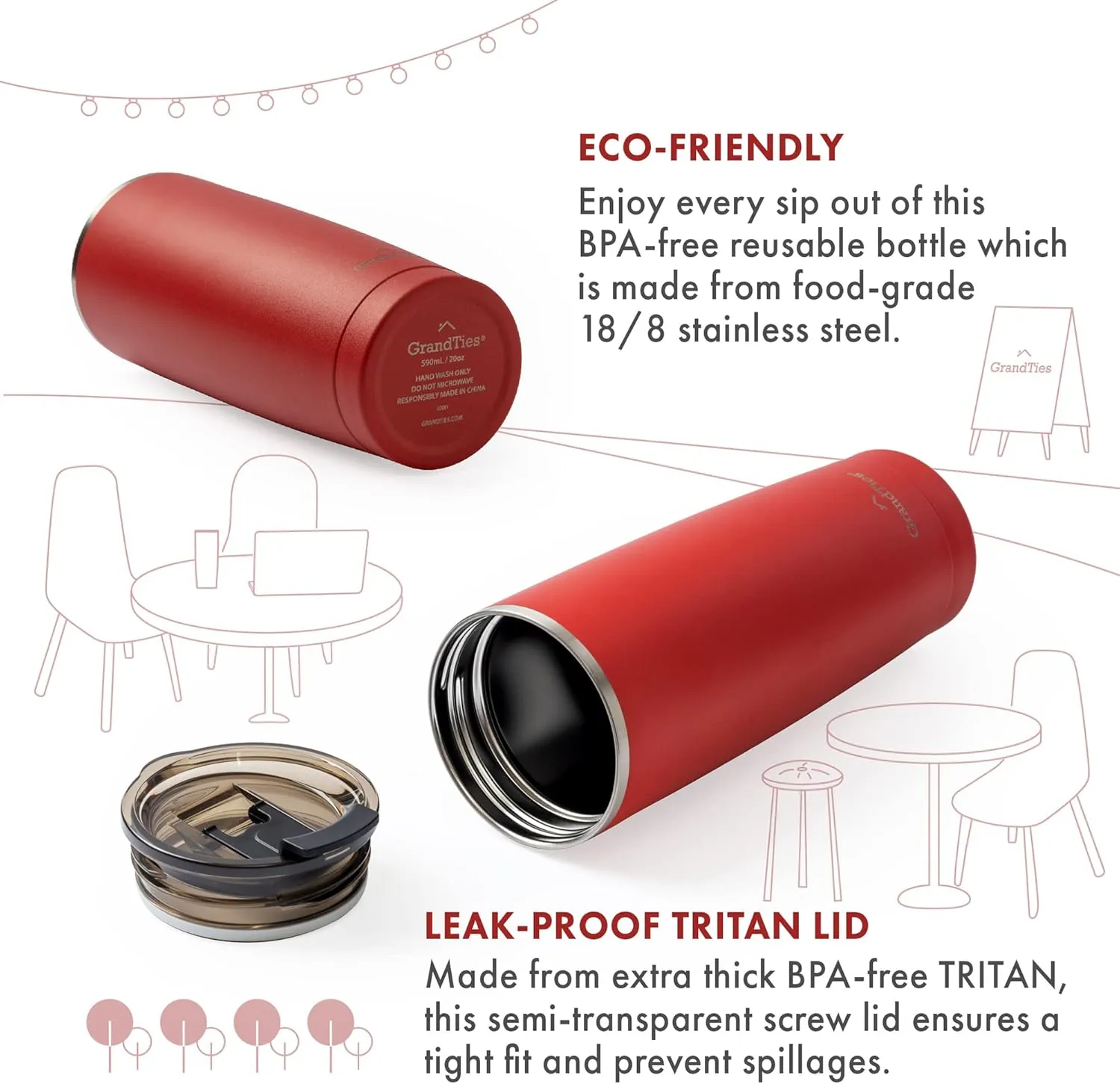GRANDTIES Insulated Coffee Tumbler Cup w/Tritan Lid | Leak Proof, Reusable, Double Walled Vacuum Stainless Steel Water Bottle Travel Mug | Thermal Cups for Hot and Cold Drinks | 20oz | Cranberry