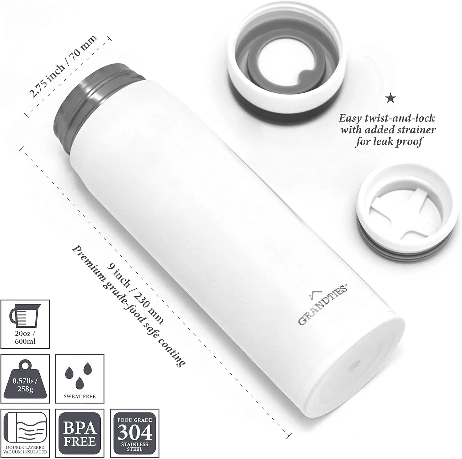 GrandTies Lightweight Travel Water Bottle with Strainer- 20oz Vacuum Insulated Water Bottles for Men & Women, Double Walled Metal Canteen, Keep Your Favorite Beverages Hot or Cold (White)