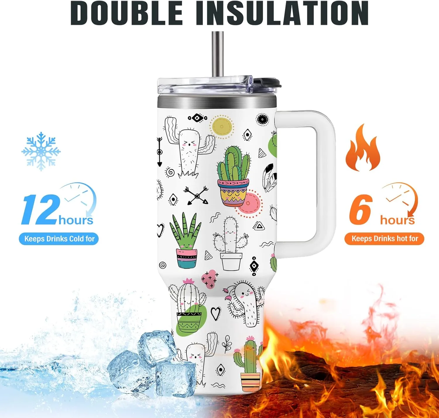 Green Plant Lover Gifts for Women Cactus Cup Tumbler 40oz with Handle, Funny Tropical Plant Cactus Lovers Birthday Christmas Gifts Coffee Mugs