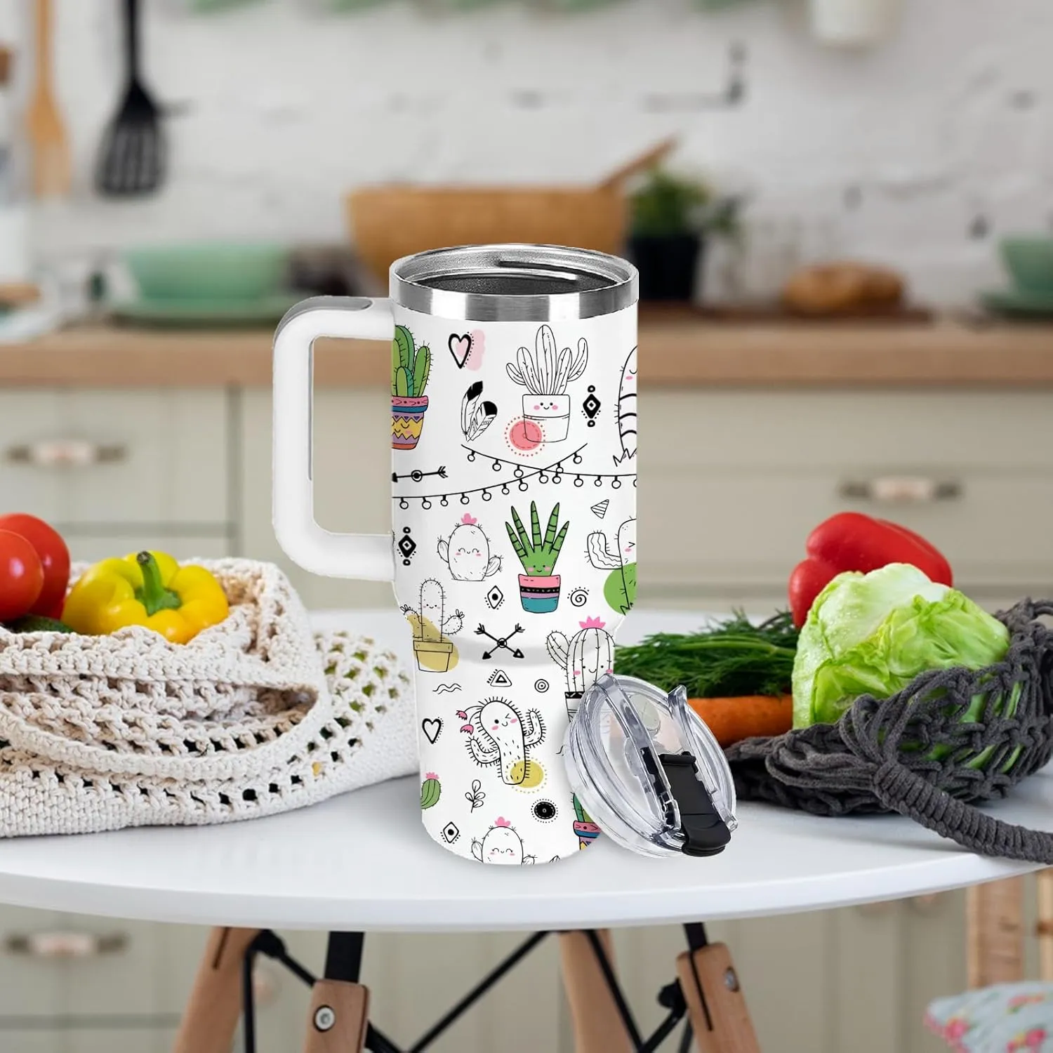 Green Plant Lover Gifts for Women Cactus Cup Tumbler 40oz with Handle, Funny Tropical Plant Cactus Lovers Birthday Christmas Gifts Coffee Mugs