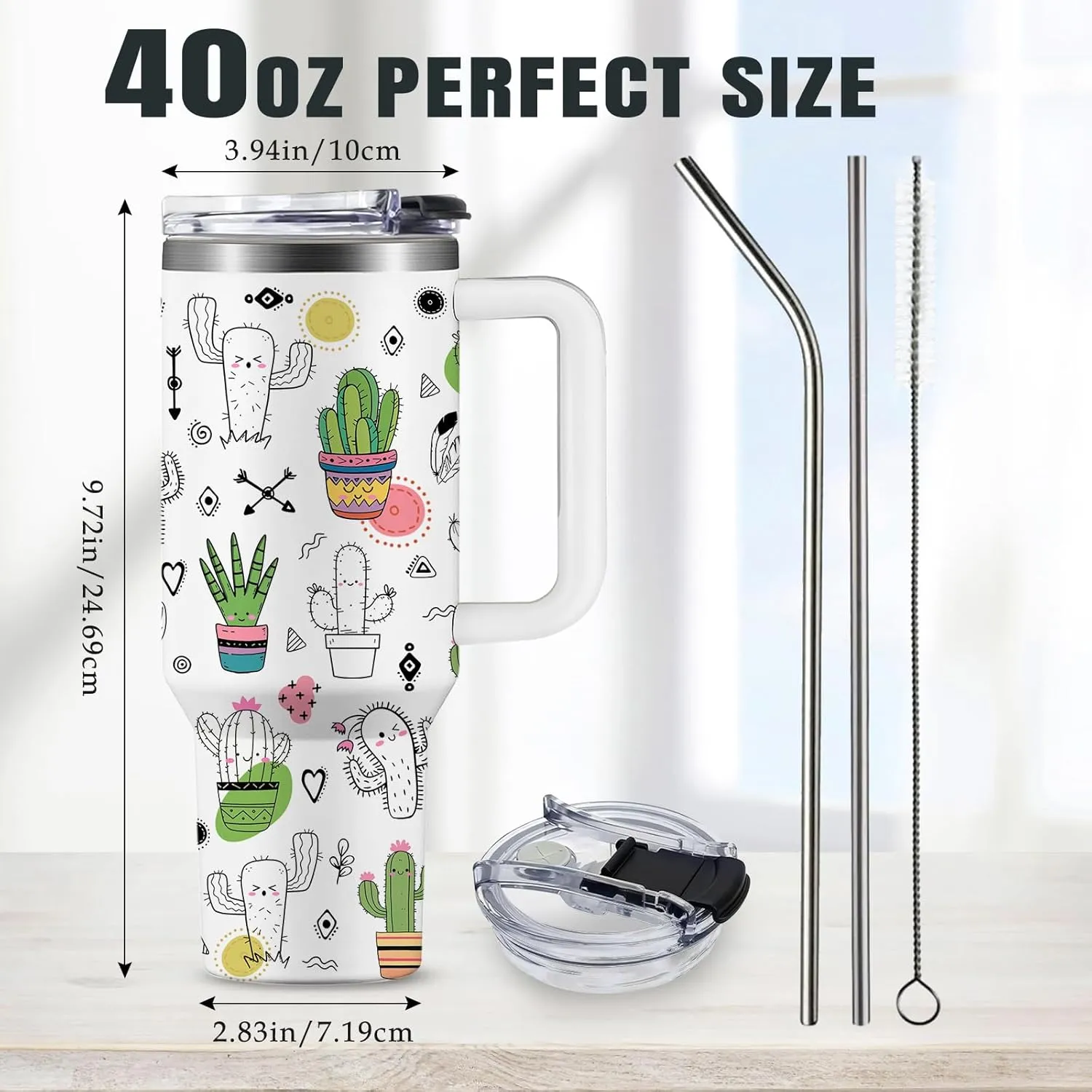 Green Plant Lover Gifts for Women Cactus Cup Tumbler 40oz with Handle, Funny Tropical Plant Cactus Lovers Birthday Christmas Gifts Coffee Mugs