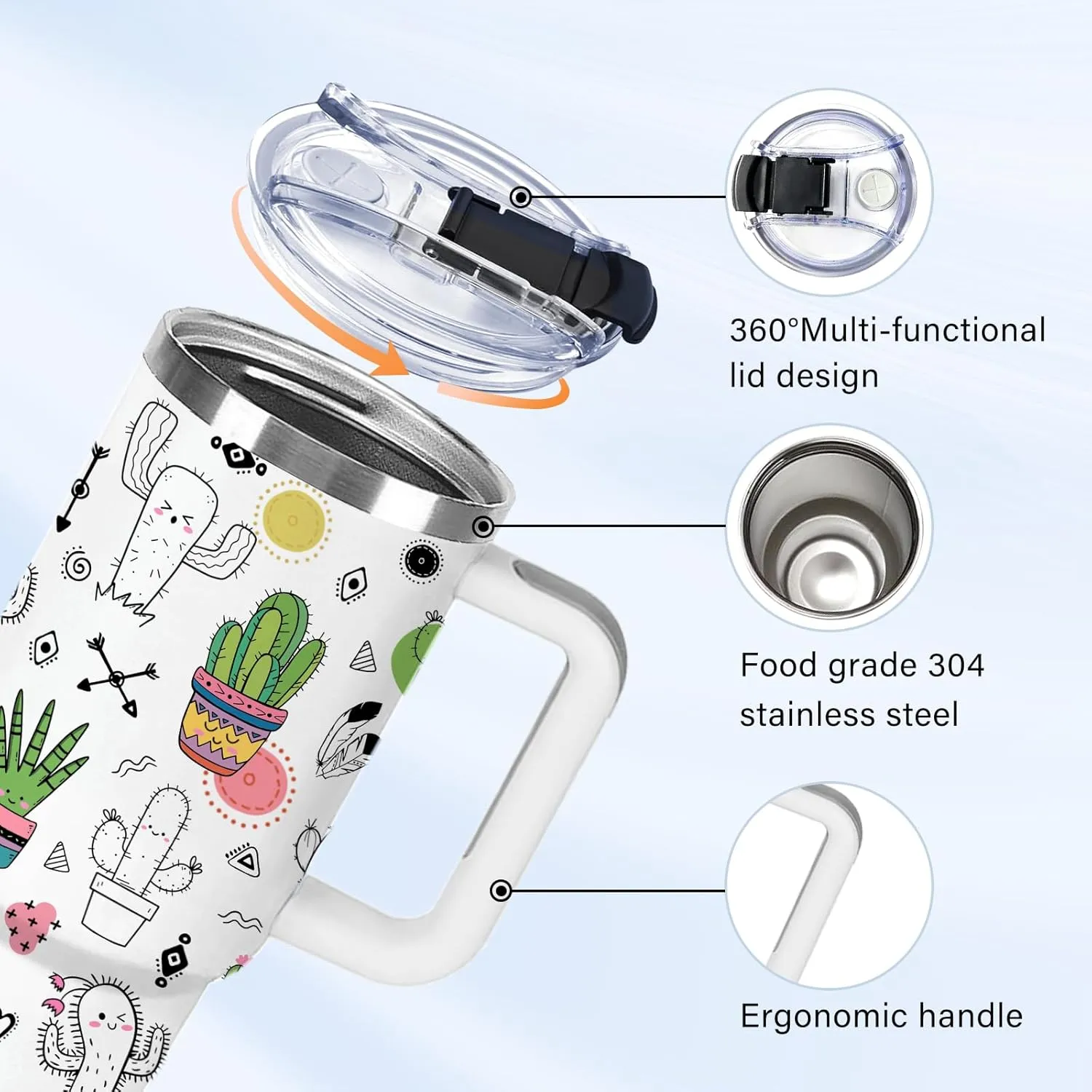 Green Plant Lover Gifts for Women Cactus Cup Tumbler 40oz with Handle, Funny Tropical Plant Cactus Lovers Birthday Christmas Gifts Coffee Mugs