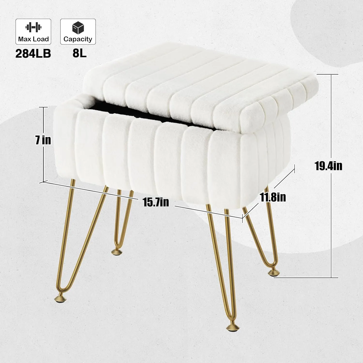 Greenstell Vanity Stool Chair Faux Fur with Storage, 15.7"L x 11.8"W x 19.4"H Soft Ottoman 4 Metal Legs with Anti-Slip Feet, Furry Padded Seat, Modern Multifunctional Chairs for Makeup, Bedroom White