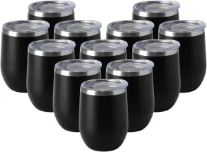 HASLE OUTFITTERS 12oz Wine Tumbler with Lid Stemless Wine Glasses Double Wall Vacuum Travel Mugs stainless steel Coffee Cup for Cold & Hot Drinks Wine Coffee Cocktails Beer 12 Pack Black