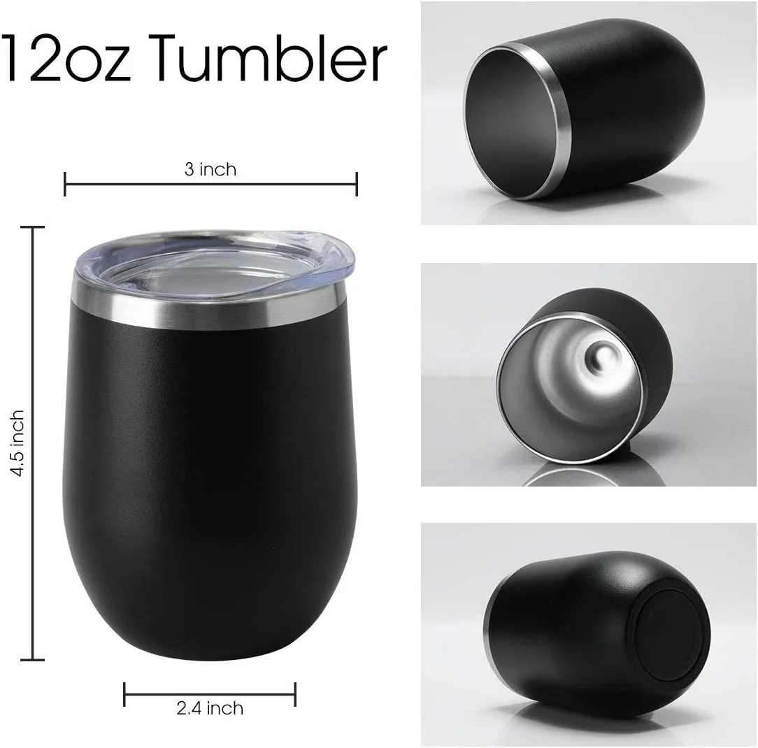 HASLE OUTFITTERS 12oz Wine Tumbler with Lid Stemless Wine Glasses Double Wall Vacuum Travel Mugs stainless steel Coffee Cup for Cold & Hot Drinks Wine Coffee Cocktails Beer 12 Pack Black