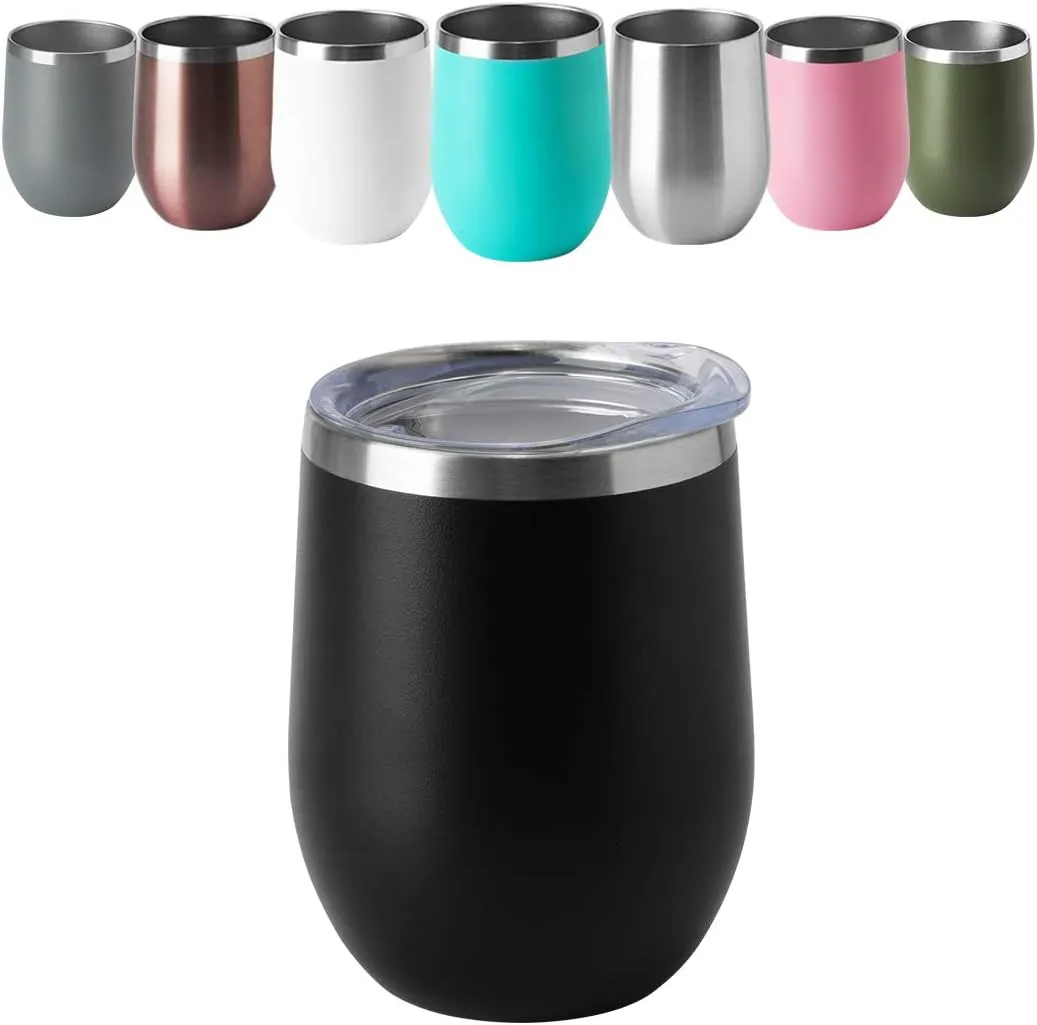 HASLE OUTFITTERS 12oz Wine Tumbler with Lid Stemless Wine Glasses Double Wall Vacuum Travel Mugs stainless steel Coffee Cup for Cold & Hot Drinks Wine Coffee Cocktails Beer 12 Pack Black