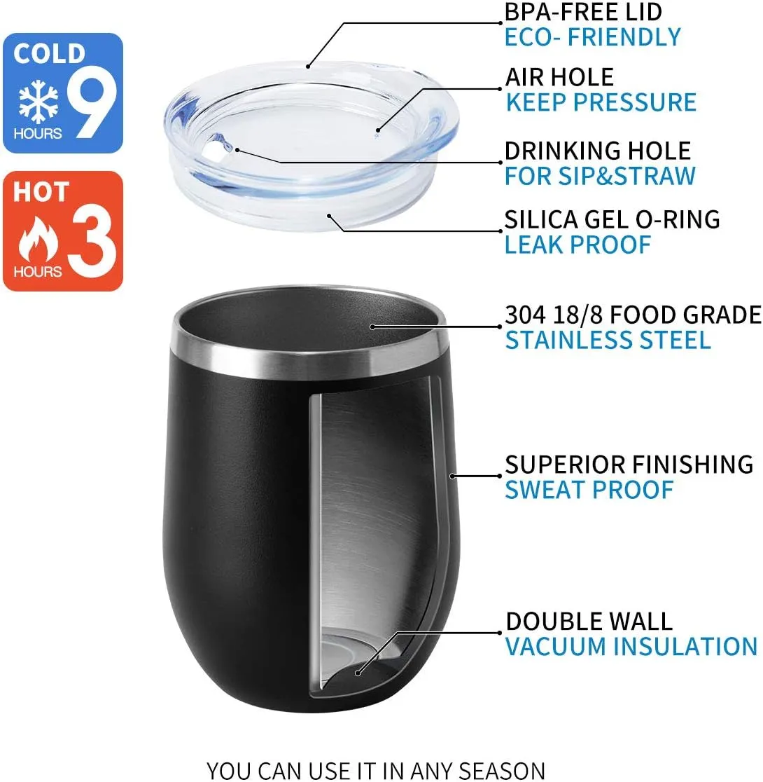 HASLE OUTFITTERS 12oz Wine Tumbler with Lid Stemless Wine Glasses Double Wall Vacuum Travel Mugs stainless steel Coffee Cup for Cold & Hot Drinks Wine Coffee Cocktails Beer 12 Pack Black
