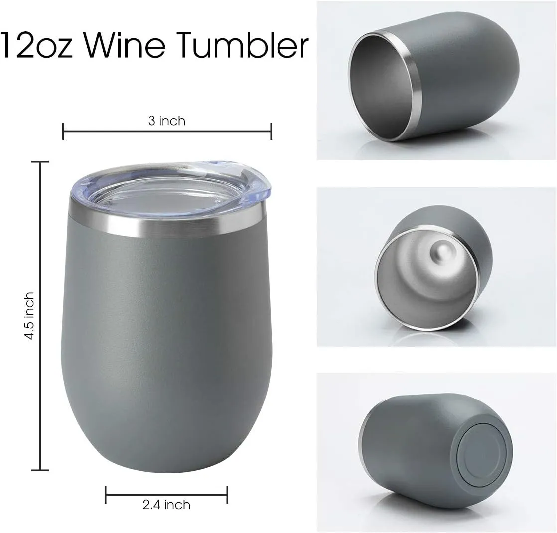 HASLE OUTFITTERS 12oz Wine Tumbler with Lid Stemless Wine Glasses Double Wall Vacuum Travel Mugs stainless steel Coffee Cup for Cold & Hot Drinks Wine Coffee Cocktails Beer 12 Pack Grey