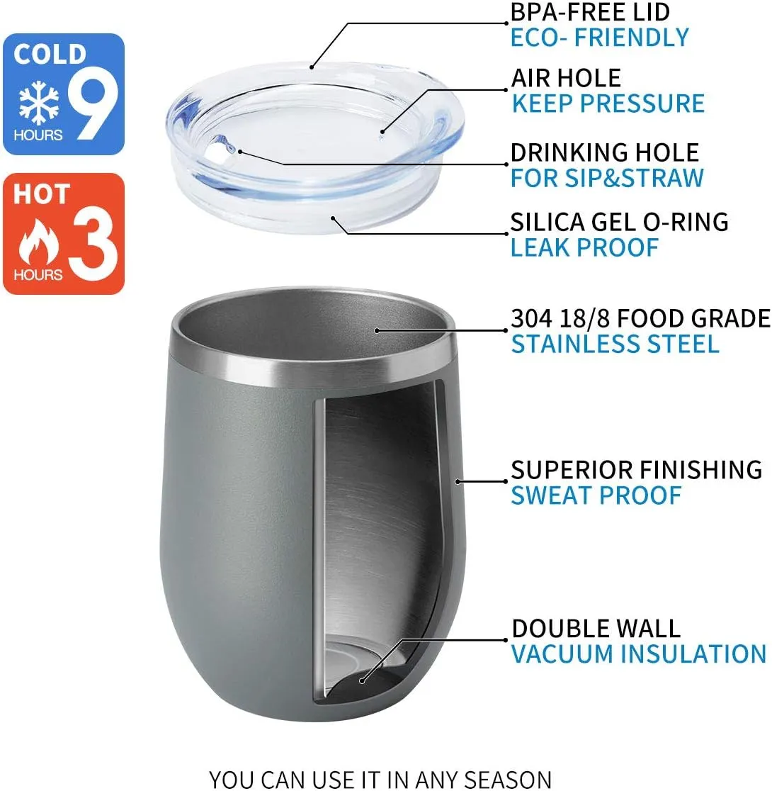 HASLE OUTFITTERS 12oz Wine Tumbler with Lid Stemless Wine Glasses Double Wall Vacuum Travel Mugs stainless steel Coffee Cup for Cold & Hot Drinks Wine Coffee Cocktails Beer 12 Pack Grey