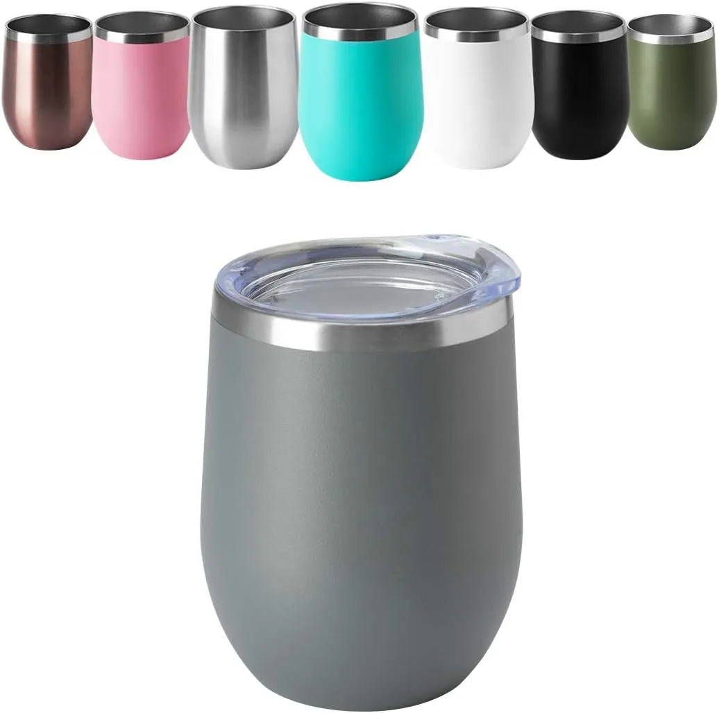 HASLE OUTFITTERS 12oz Wine Tumbler with Lid Stemless Wine Glasses Double Wall Vacuum Travel Mugs stainless steel Coffee Cup for Cold & Hot Drinks Wine Coffee Cocktails Beer 12 Pack Grey