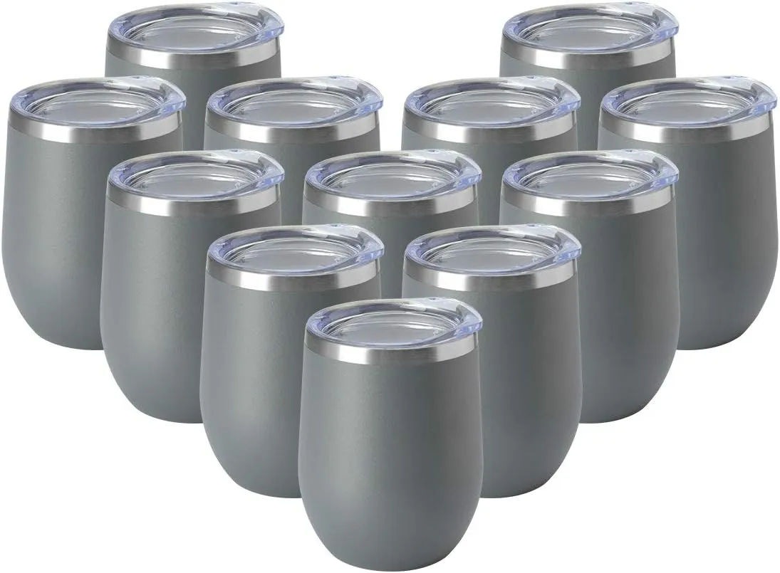 HASLE OUTFITTERS 12oz Wine Tumbler with Lid Stemless Wine Glasses Double Wall Vacuum Travel Mugs stainless steel Coffee Cup for Cold & Hot Drinks Wine Coffee Cocktails Beer 12 Pack Grey