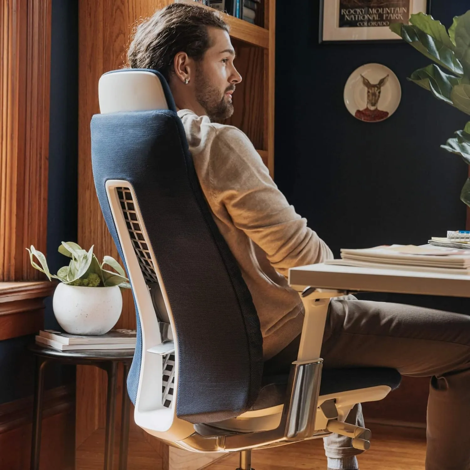 Haworth Fern Executive Office Chair with Ergonomic Innovations - Stylish Desk Chair with Digital Knit Finish and Adjustable Headrest - with Lumbar Support (Deep Sea)