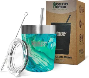 Healthy Human Stainless Steel Tumbler with Straw | Splash Proof Insulated Travel Cruiser Cup | Eco-Friendly Coffee Tumblers with Straws Cleaner & Splash Proof Lid (12oz, Bora Bora)
