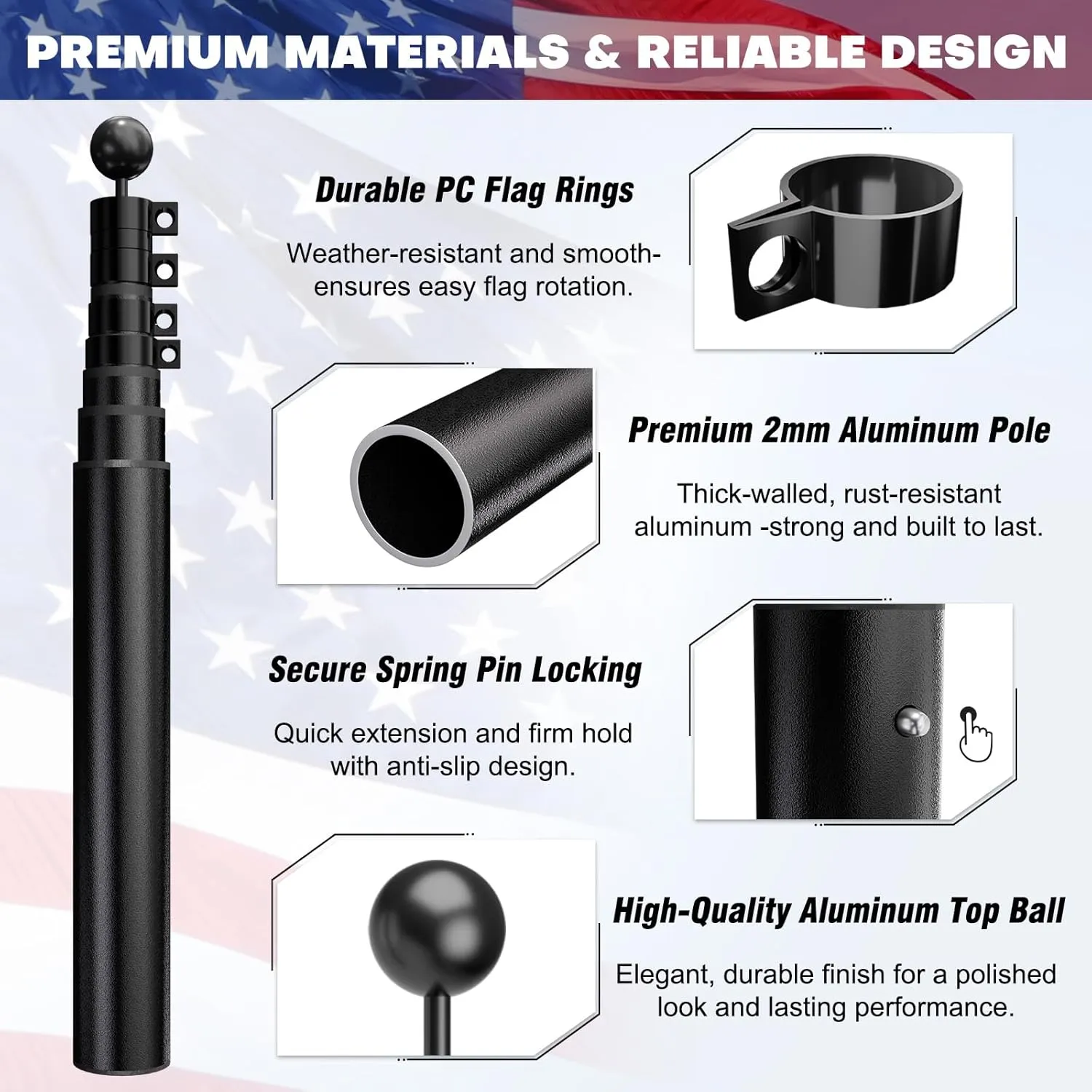 Heavy Duty Flag Pole Telescoping Freedom Edition 25 FT 12 Gauge Extra Thick Aluminum Flag Pole Holder for Outside House Outdoor Metal Flag Pole Kit