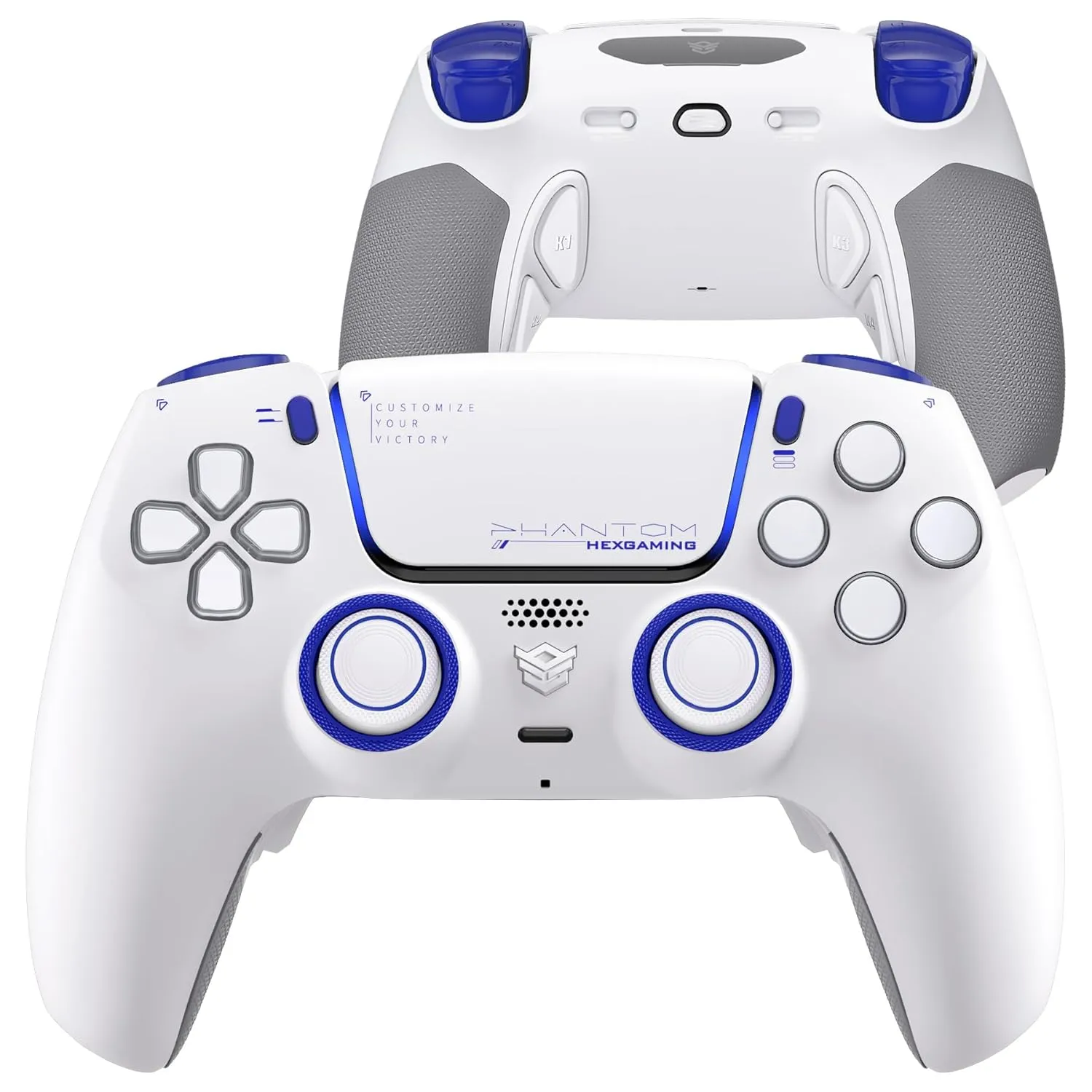 HEXGAMING PHANTOM Pro Gaming Controller with 4 Remappable Buttons, 6 Remapping Profiles, 8 Interchangeable Analog Stick, and Adjustable Triggers Compatible with ps5, PC, Mobile - Vision White