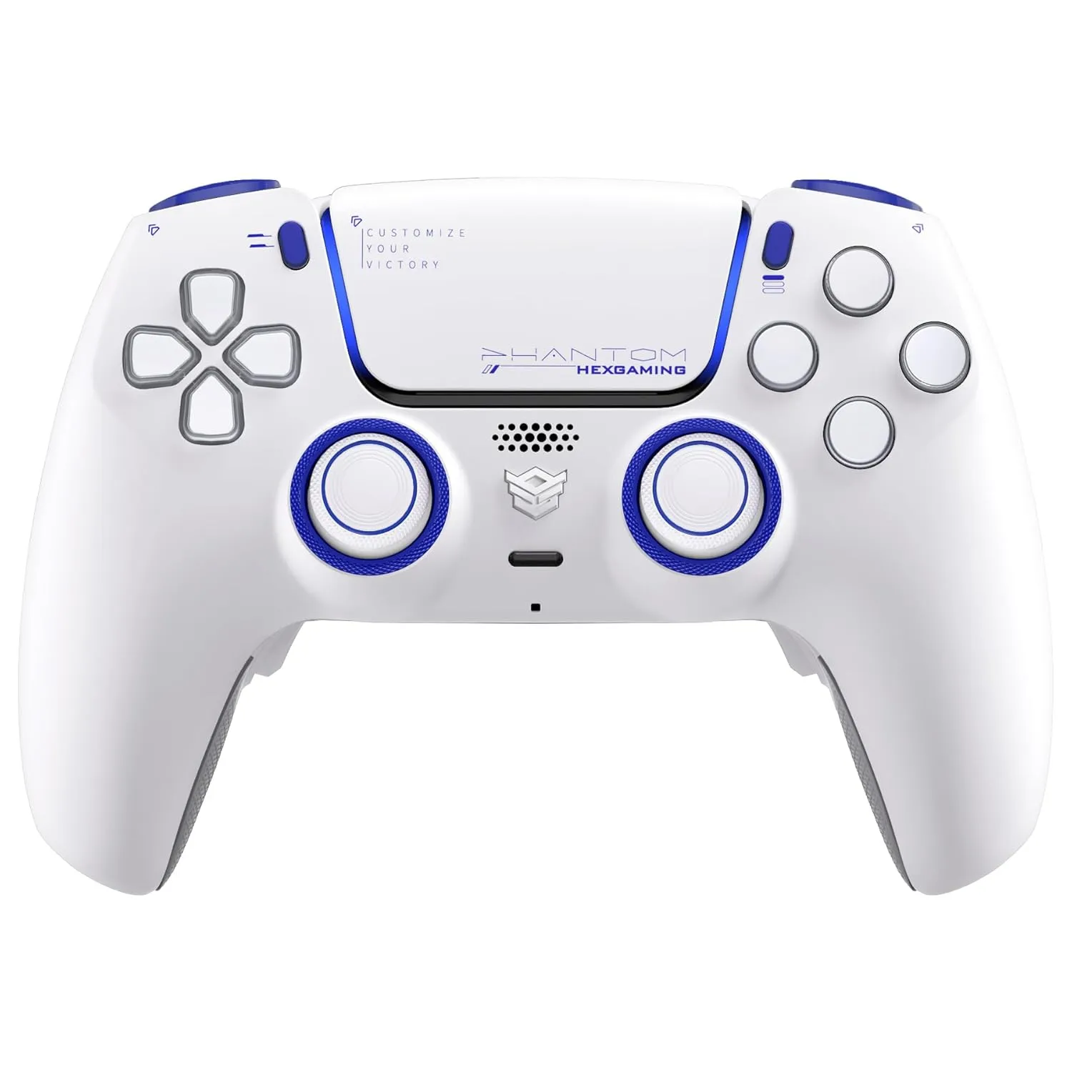 HEXGAMING PHANTOM Pro Gaming Controller with 4 Remappable Buttons, 6 Remapping Profiles, 8 Interchangeable Analog Stick, and Adjustable Triggers Compatible with ps5, PC, Mobile - Vision White
