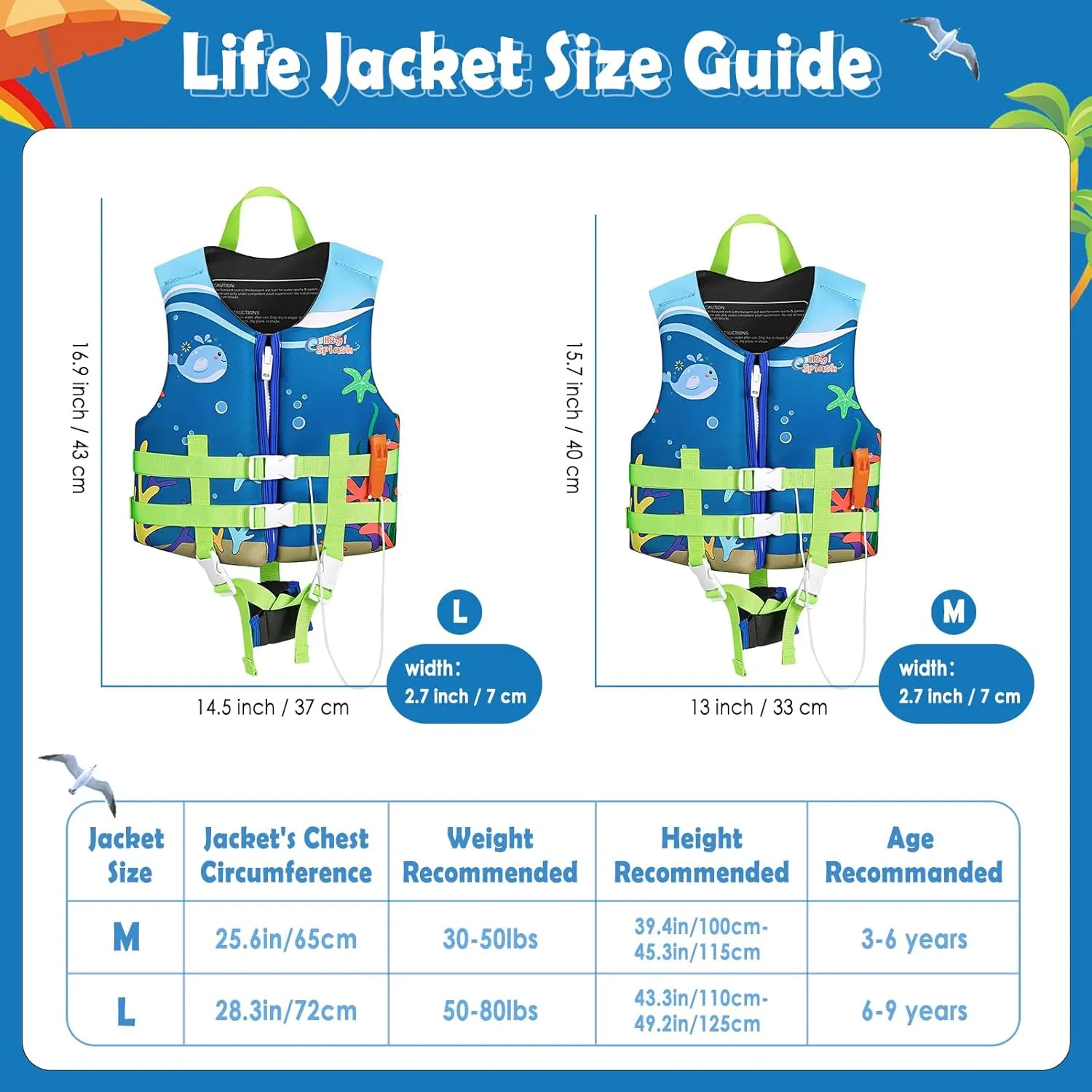 HeySplash Toddler Swim Vest, Kids Swimming Jacket Fit 30-50/50-80lbs, Child Floaties Vest wiht Safety Strap, Float Jacket for Girls/Boys on Pool,Beach,Boating, Learn to Swim Aid, M 3-6 Yrs/L 6-9 Yrs