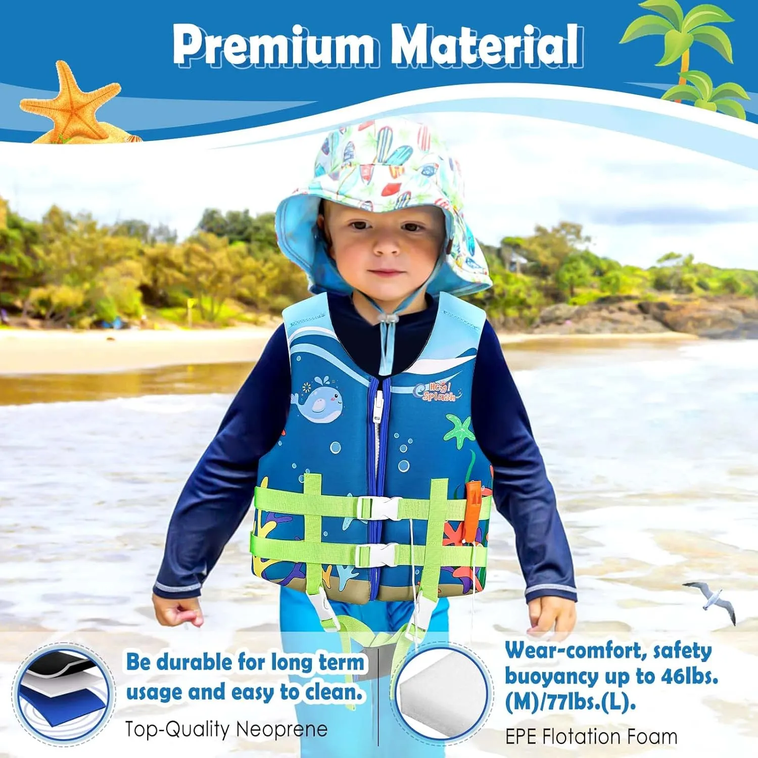 HeySplash Toddler Swim Vest, Kids Swimming Jacket Fit 30-50/50-80lbs, Child Floaties Vest wiht Safety Strap, Float Jacket for Girls/Boys on Pool,Beach,Boating, Learn to Swim Aid, M 3-6 Yrs/L 6-9 Yrs