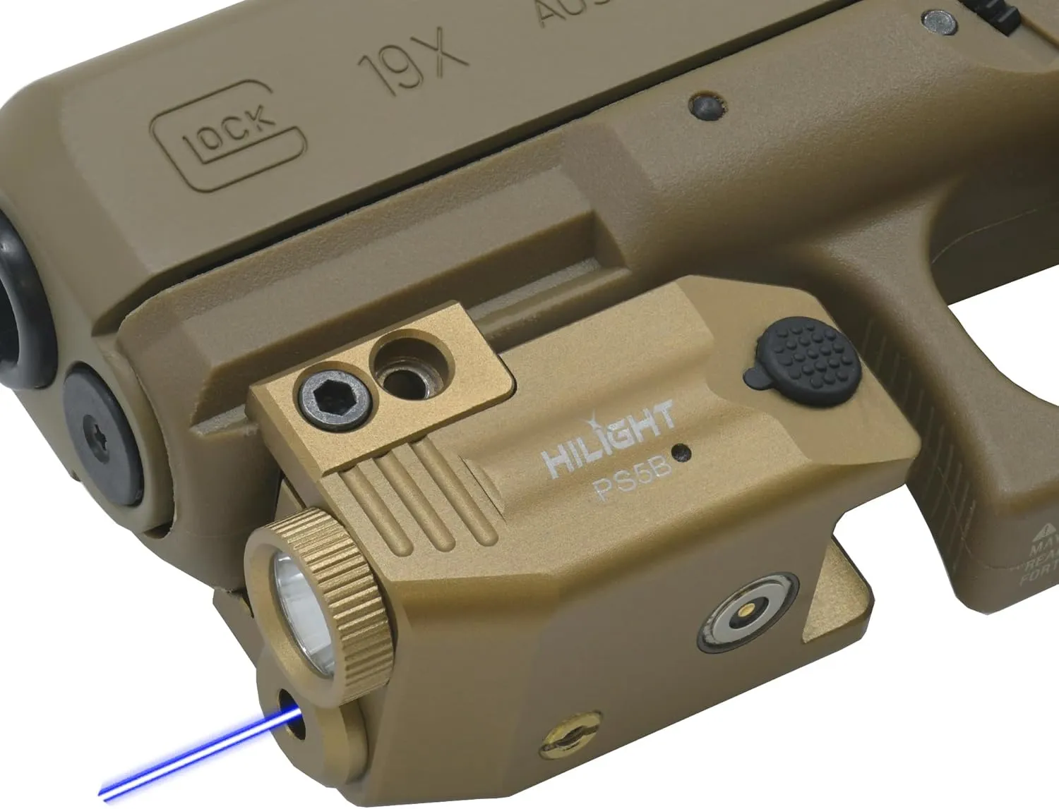 HiLight Tactical PS5B TAN - 400 Lumen Strobe Flashlight & Blue Laser with Aircraft Aluminum & Magnetic Charger, Rail Light & Laser Class IIIA, <5mW