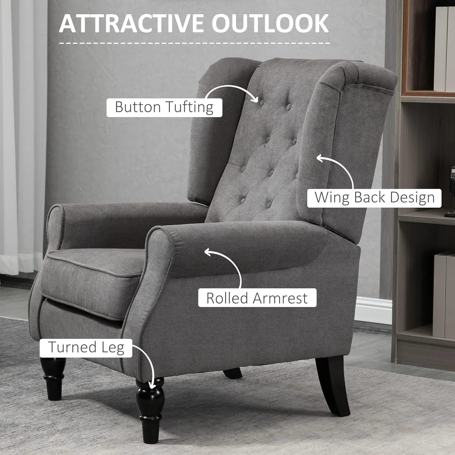 HOMCOM Mid-Century Modern Accent Chair, High Wingback Chair, Button-Tufted Upholstered Fabric Armchair with Retro Wood Legs for Living Room, Bedroom, Dark Gray